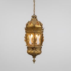 Italian Venetian Gilt Polychrome Iron Hexagonal Lantern with Glass Panels