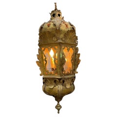 Italian Venetian Gilt Polychrome Iron Hexagonal Lantern with Glass Panels