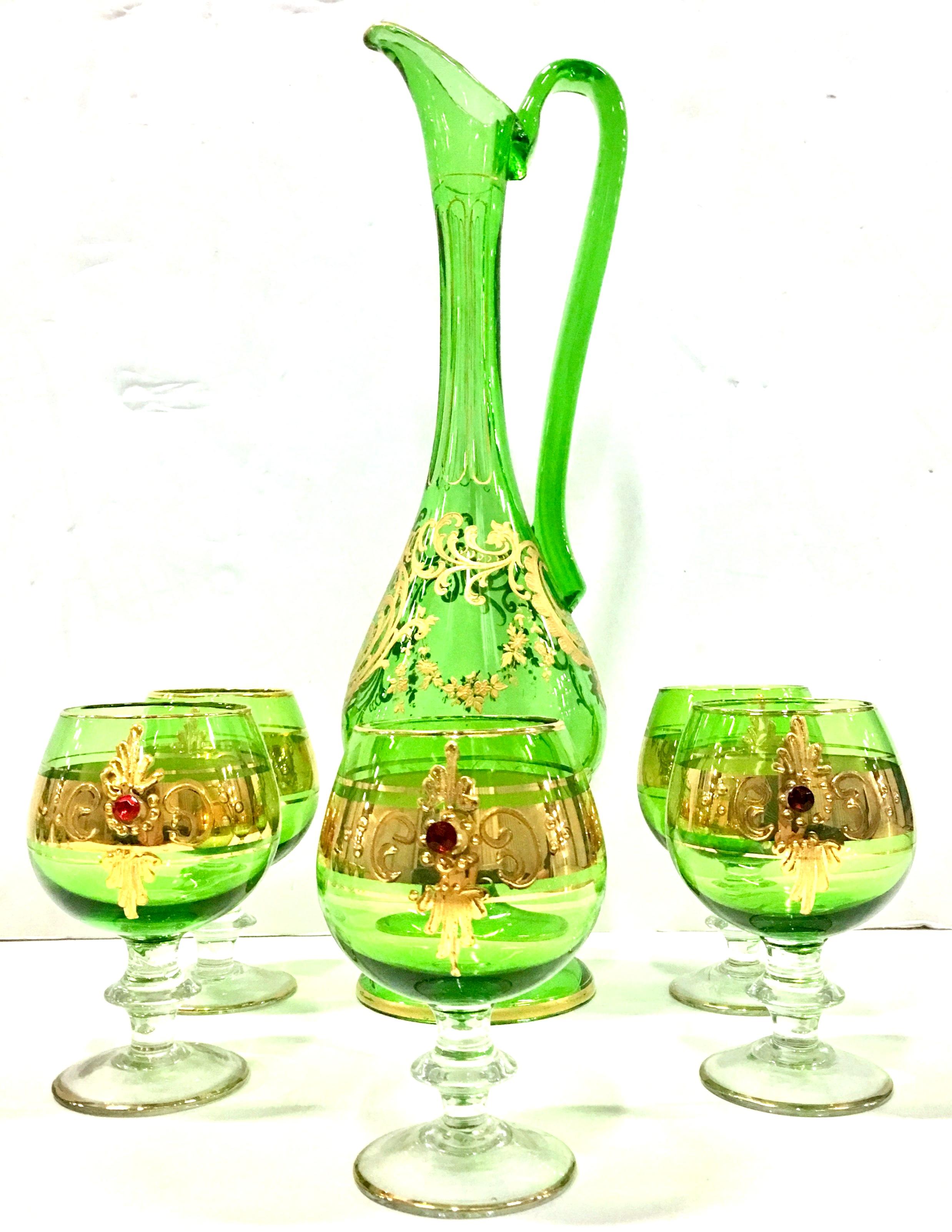 Mid-Century Italian Venetian chartreuse green optic blown glass and raised 22-karat gold hand-painted six-piece drinks set. This six-piece set includes one applied handle and spouted footed pitcher and five cordial brandy glasses. Each piece