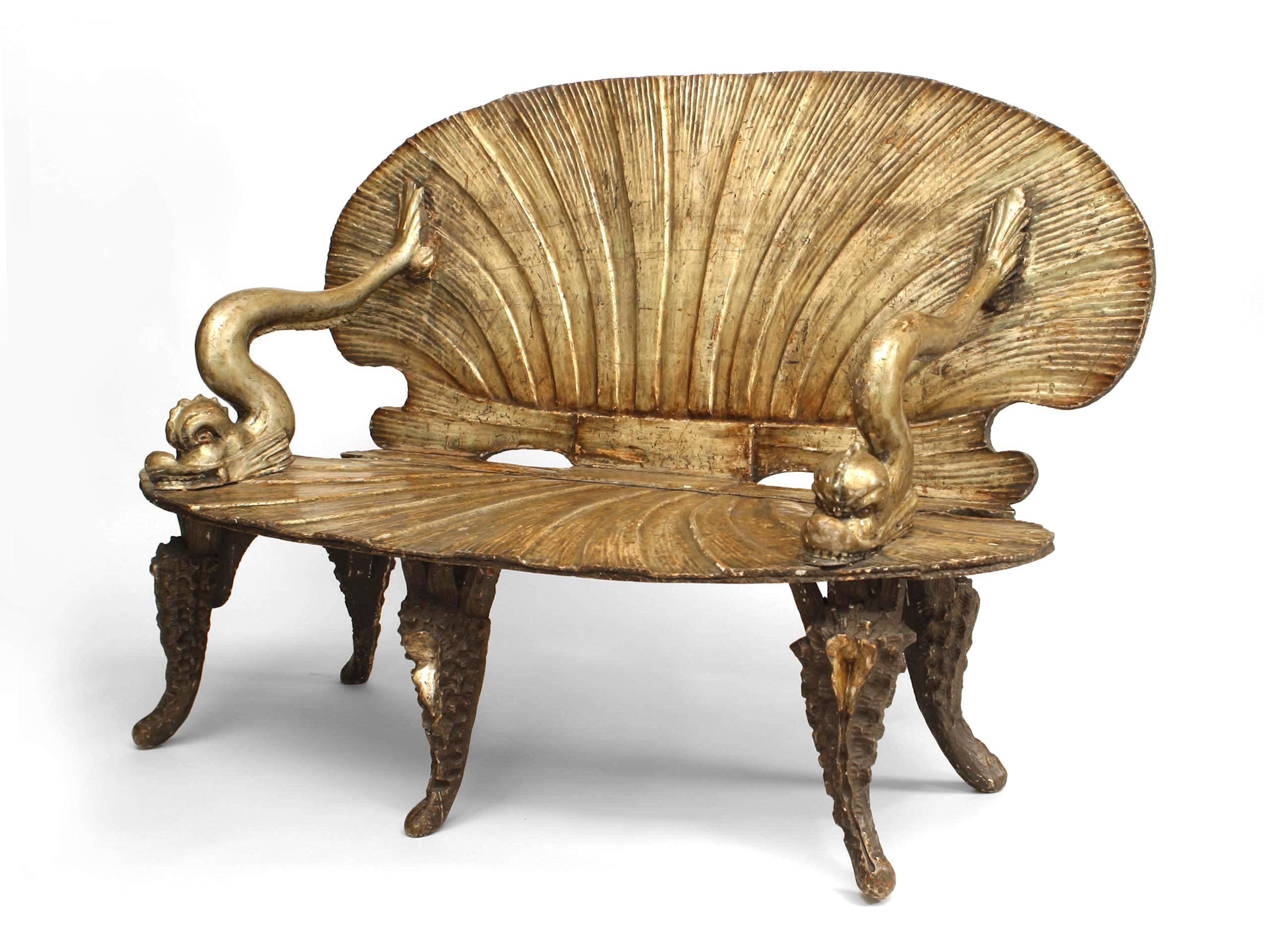 Italian Venetian grotto 19th century silver gilt settee with carved seashell design seat and back and dolphin arms.
 