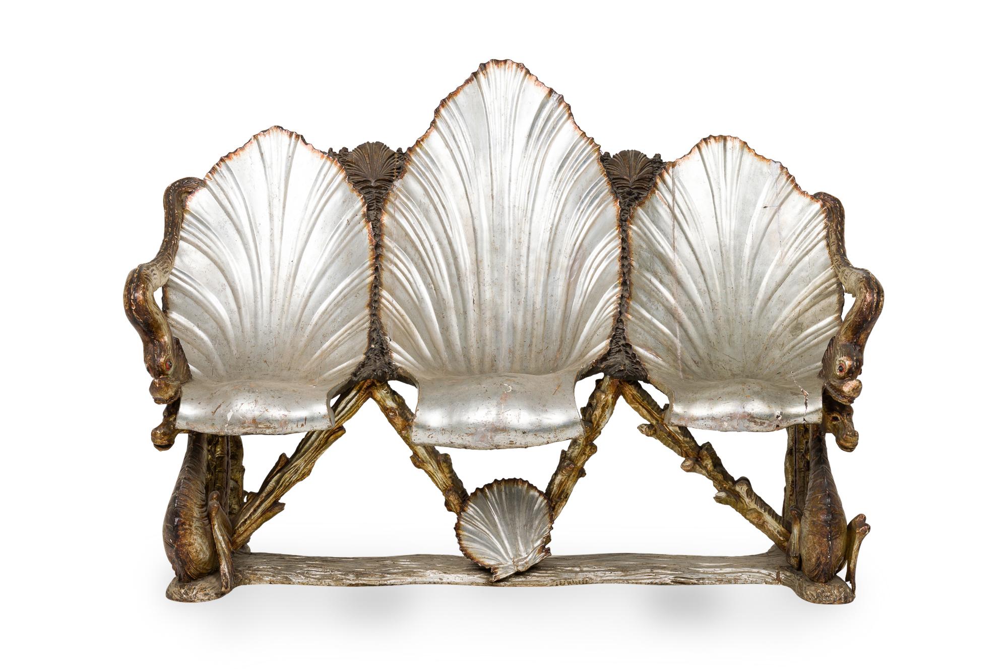 Italian Venetian Grotto (19th cent.) silver gilt settee with triple seashell seat and dolphin & seahorse motif (att: Pauly et Cie, Venice)

