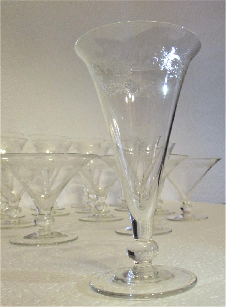 Italian, Hand Blown Finely Etched 1940s Wine Glasses For Sale