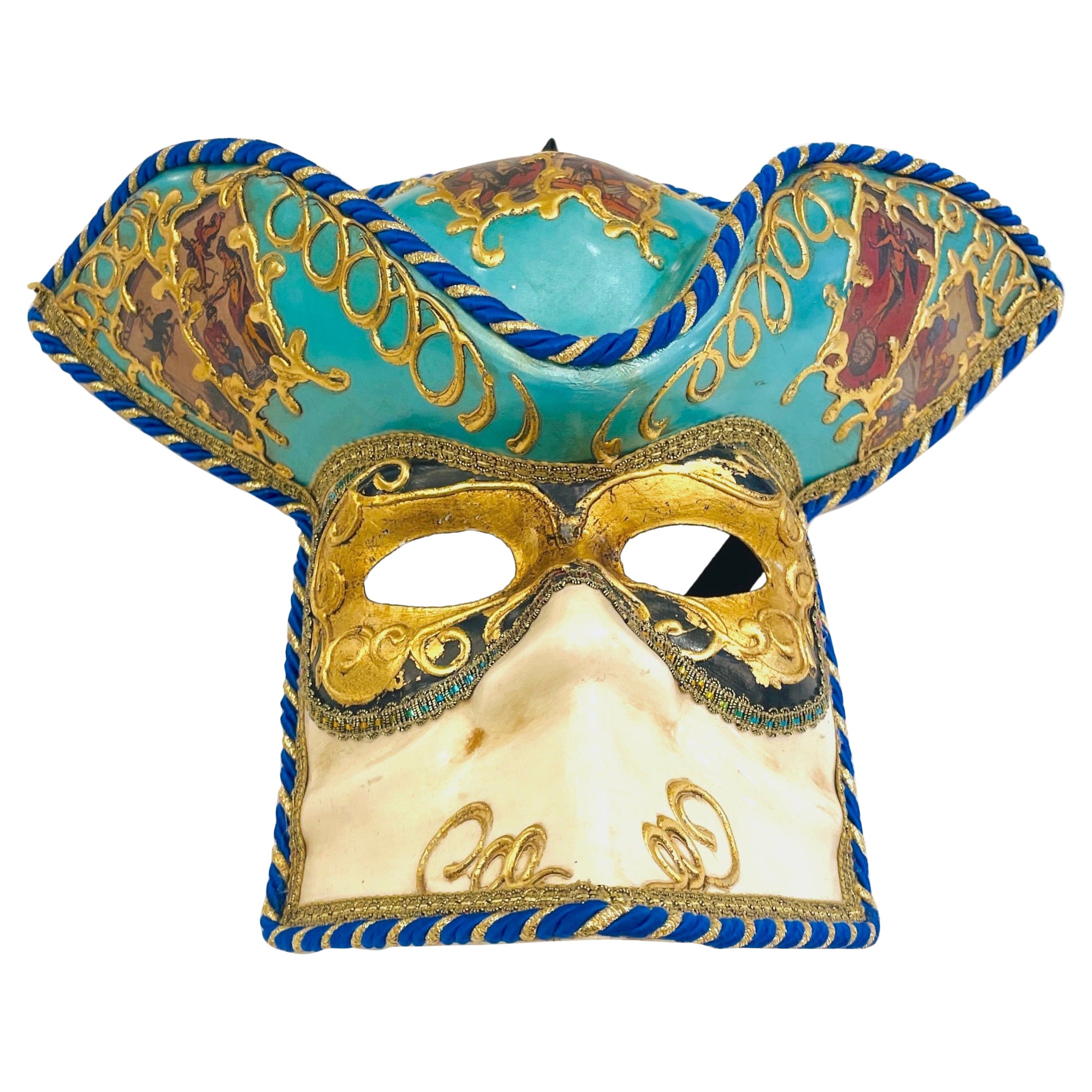 Maschera artigianale veneziana italiana in turchese, blu reale, oro, moderna e tricolore