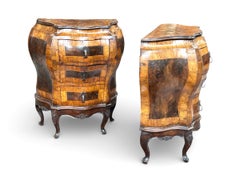 Italian Venetian Louis XIV Rococo Burl Walnut Bombé Chests A Pair