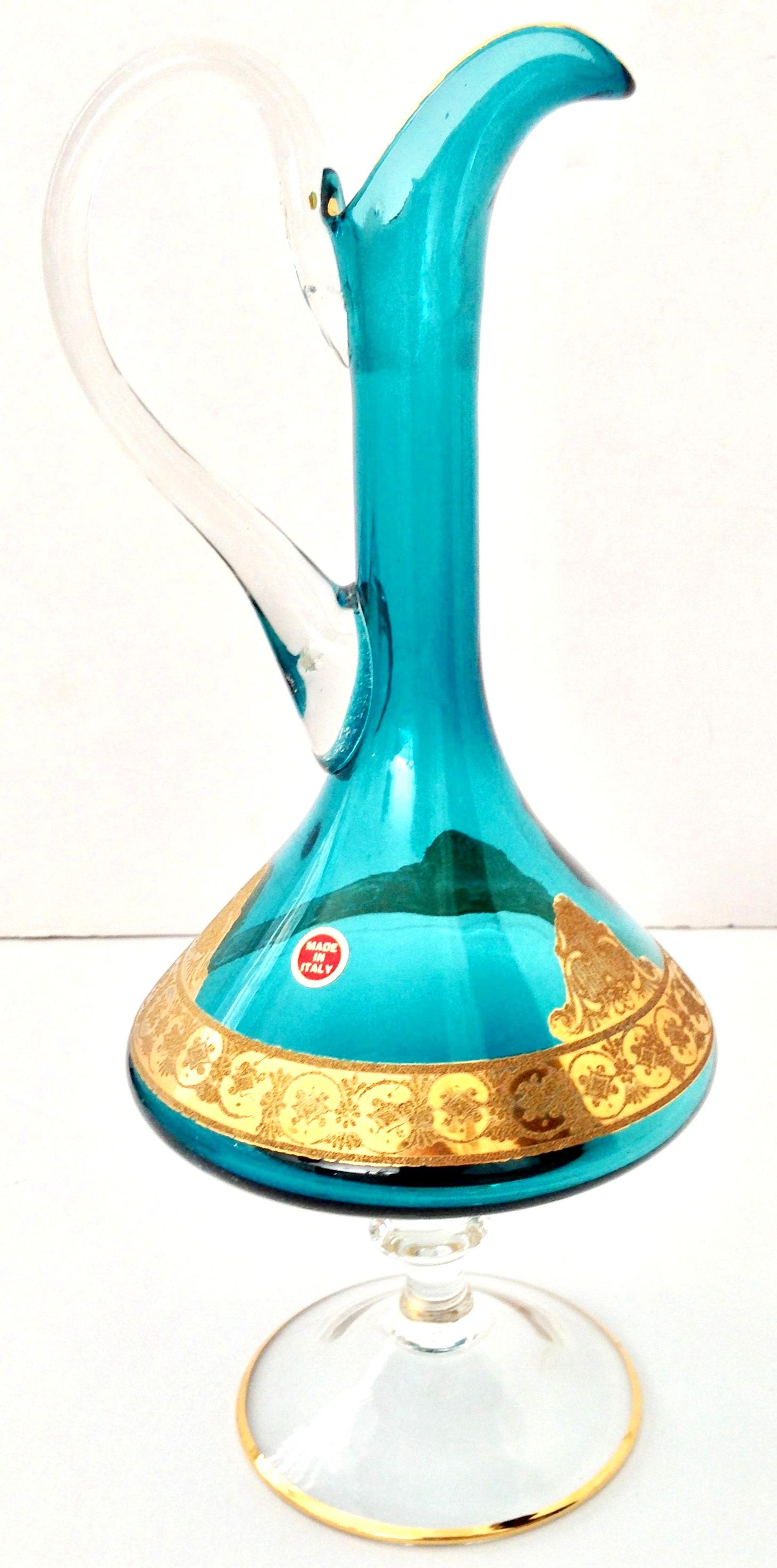 Hand-Painted 20th Century Italian Venetian Glass & 22K Gold Footed Beverage Pitcher For Sale