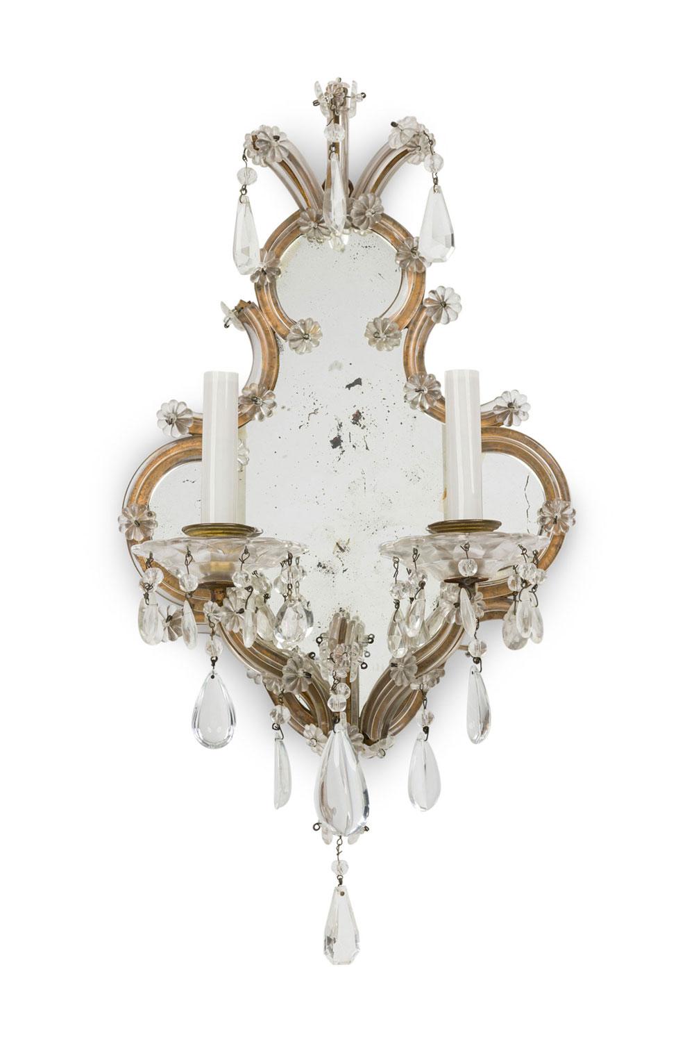 4 Italian Venetian 2-arm mirrored wall sconces having a shield shaped form with crystal pendants (PRICED EACH)

Good condition consistent with age and use