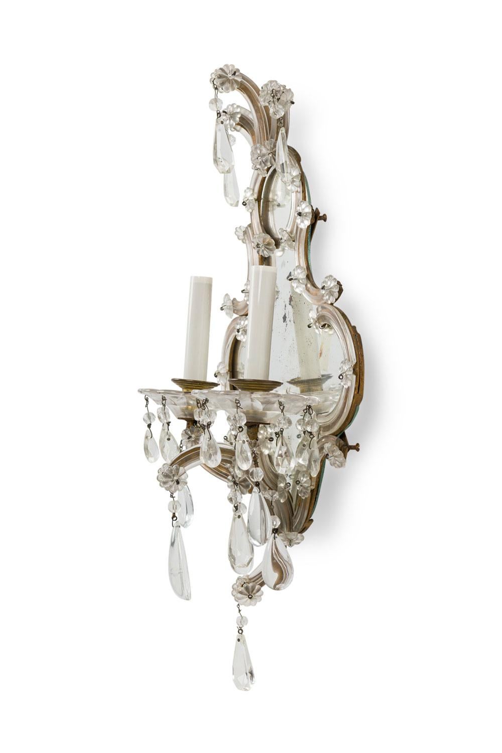 Renaissance Italian Venetian Mirrored Wall Sconces With Crystals For Sale