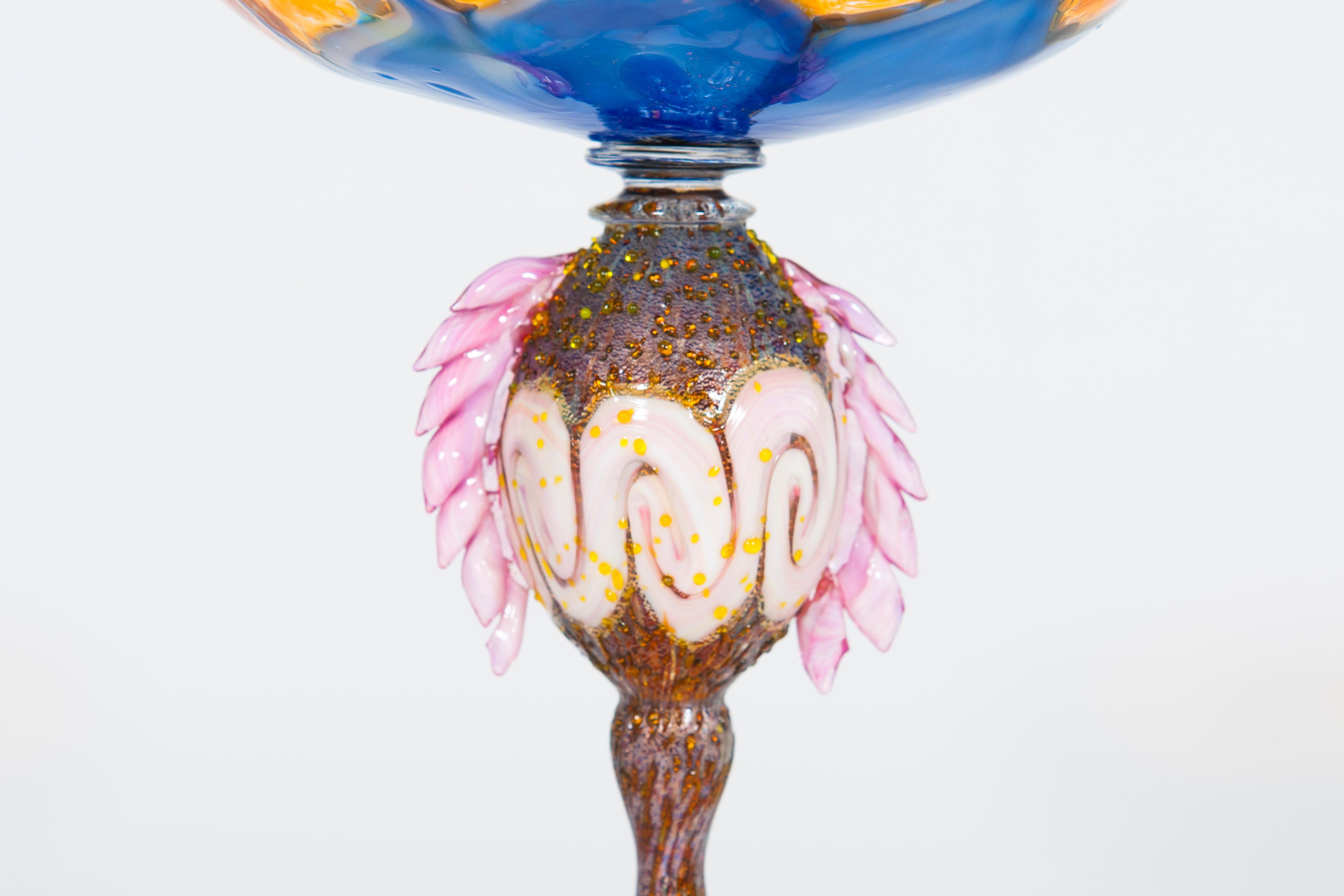Hand-Crafted Italian Venetian Multicolor Murano Glass Goblet with Morise 1980s Handcrafted For Sale