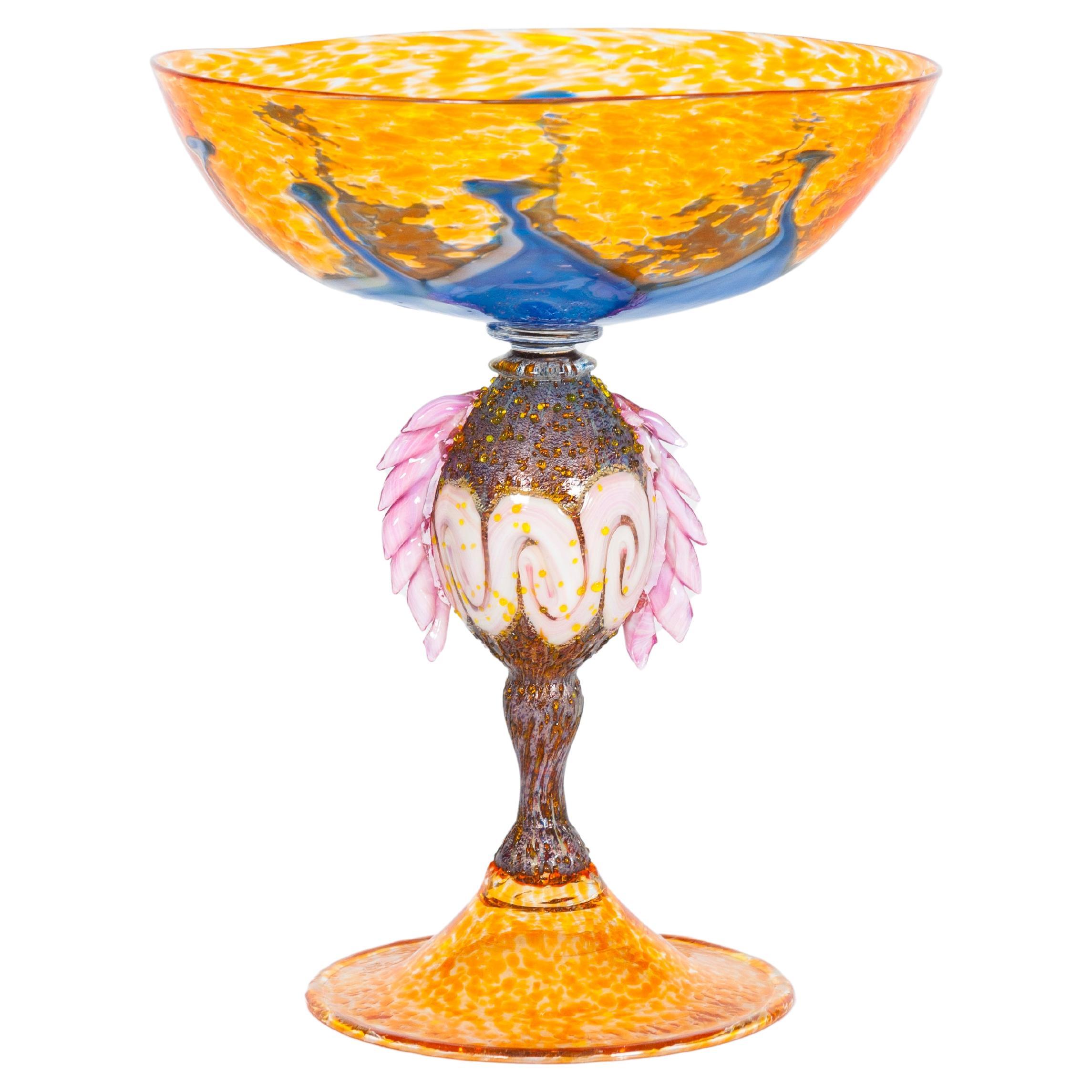 Italian Venetian Multicolor Murano Glass Goblet with Morise 1980s Handcrafted For Sale