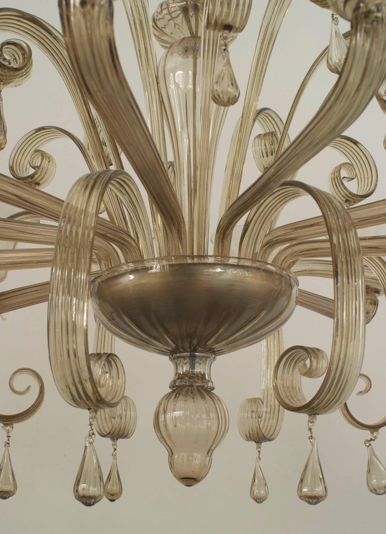 Italian Murano 12 Fluted Arm Smoky Glass Chandelier For Sale
