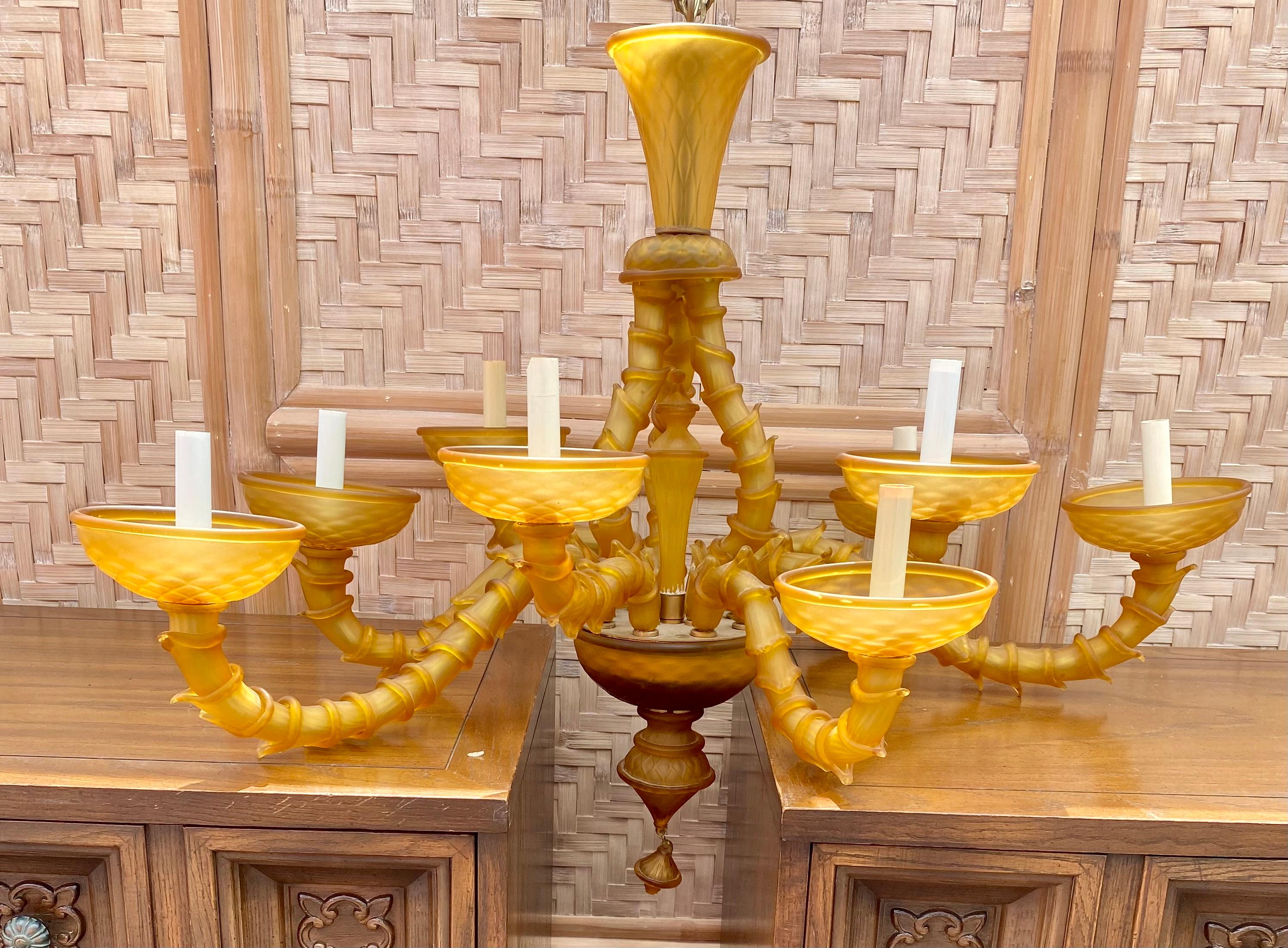 Brass Italian Venetian Murano 1940s Frosted Tulip Fluted Amber Glass Chandelier For Sale