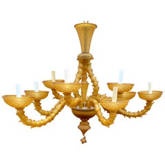 Italian Venetian Murano 1940s Frosted Tulip Fluted Amber Glass Chandelier