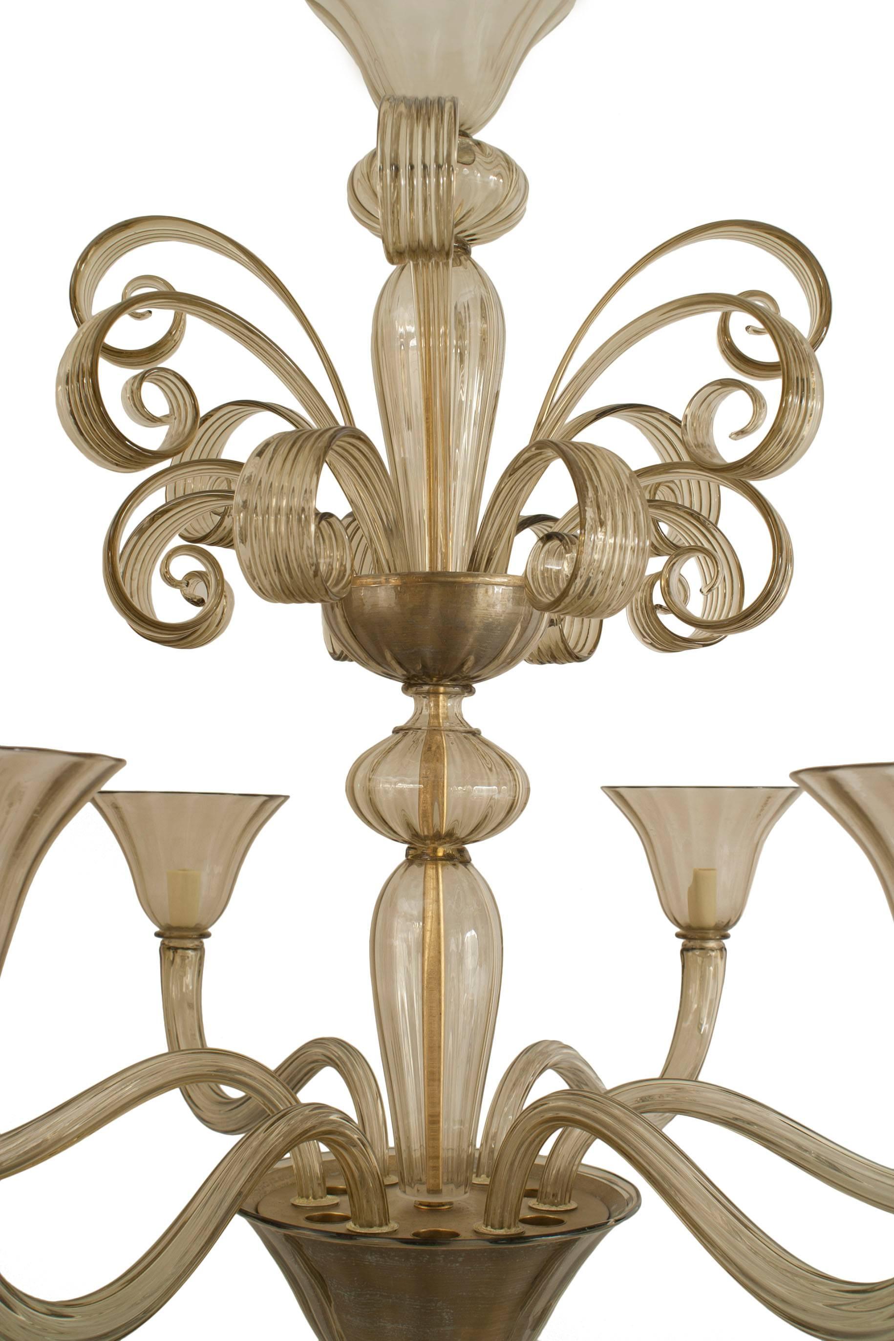 Italian Venetian Murano (1940s) style smoky glass chandelier with 6 fluted scroll arms holding tapered shades emanating from a centerpost having an upper tier of 3 tiers of 16 flat fluted scrolls with a finial bottom
