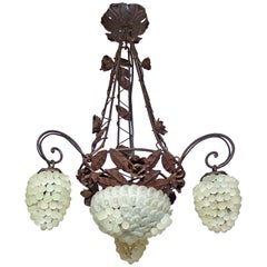 Italian Venetian Murano Art Deco White Grapes and Forged Iron Leaves Chandelier