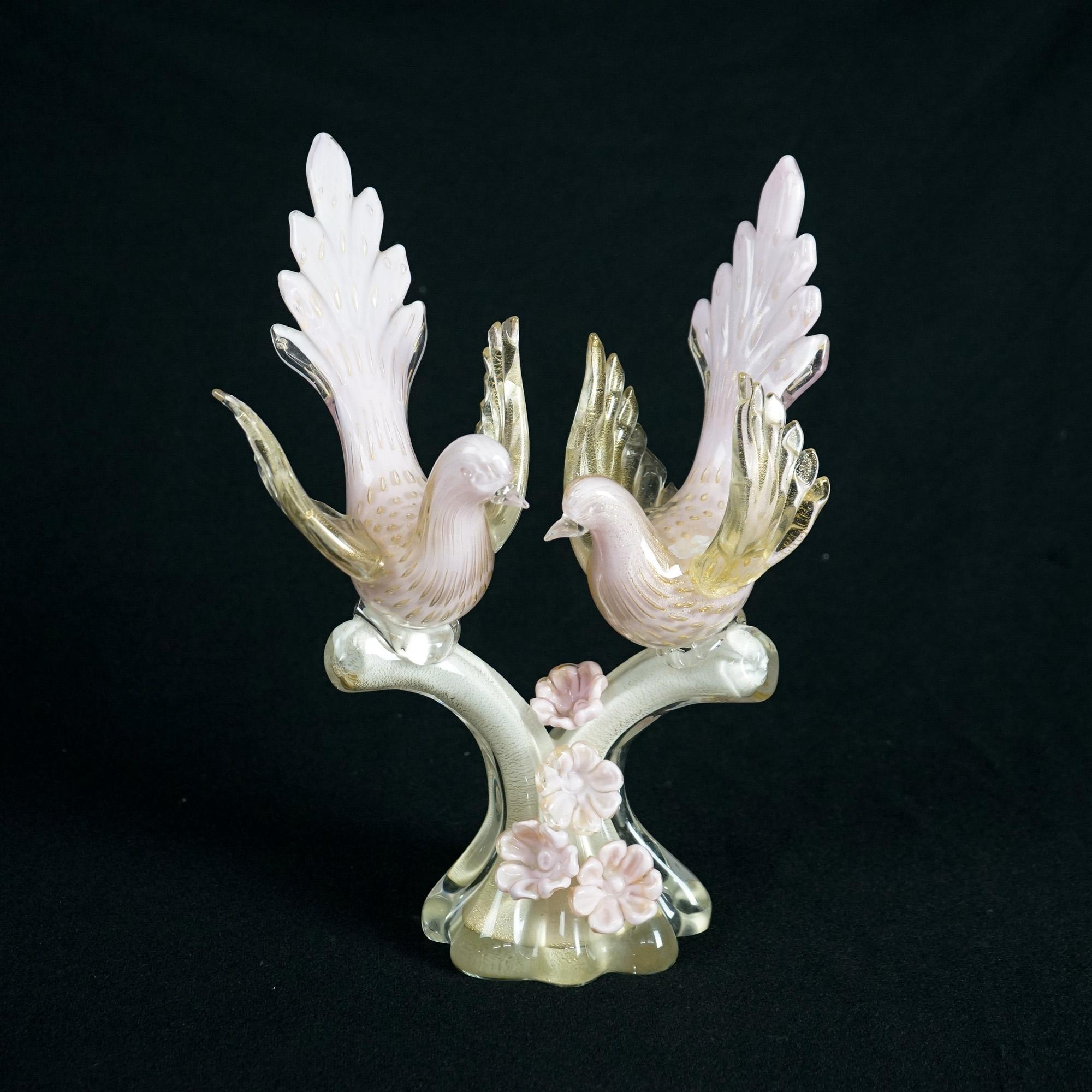An Italian Venetian Murano wedding sculpture offers art glass construction with two lovebirds on tree, gold highlights throughout, c1950

Measures- 13.75''H x 10.25''W x 10''D