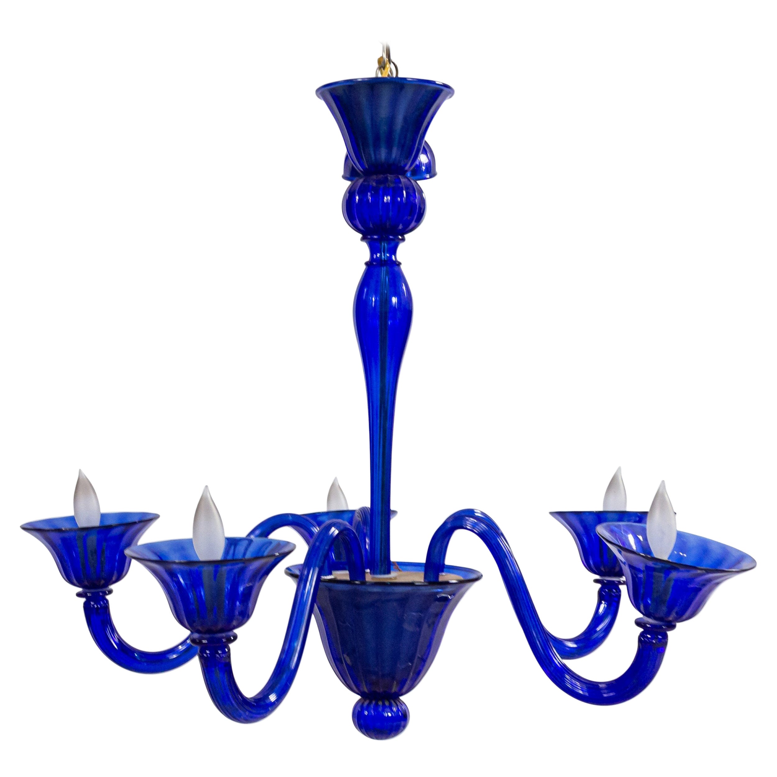 Lampadario italiano in vetro blu di Murano