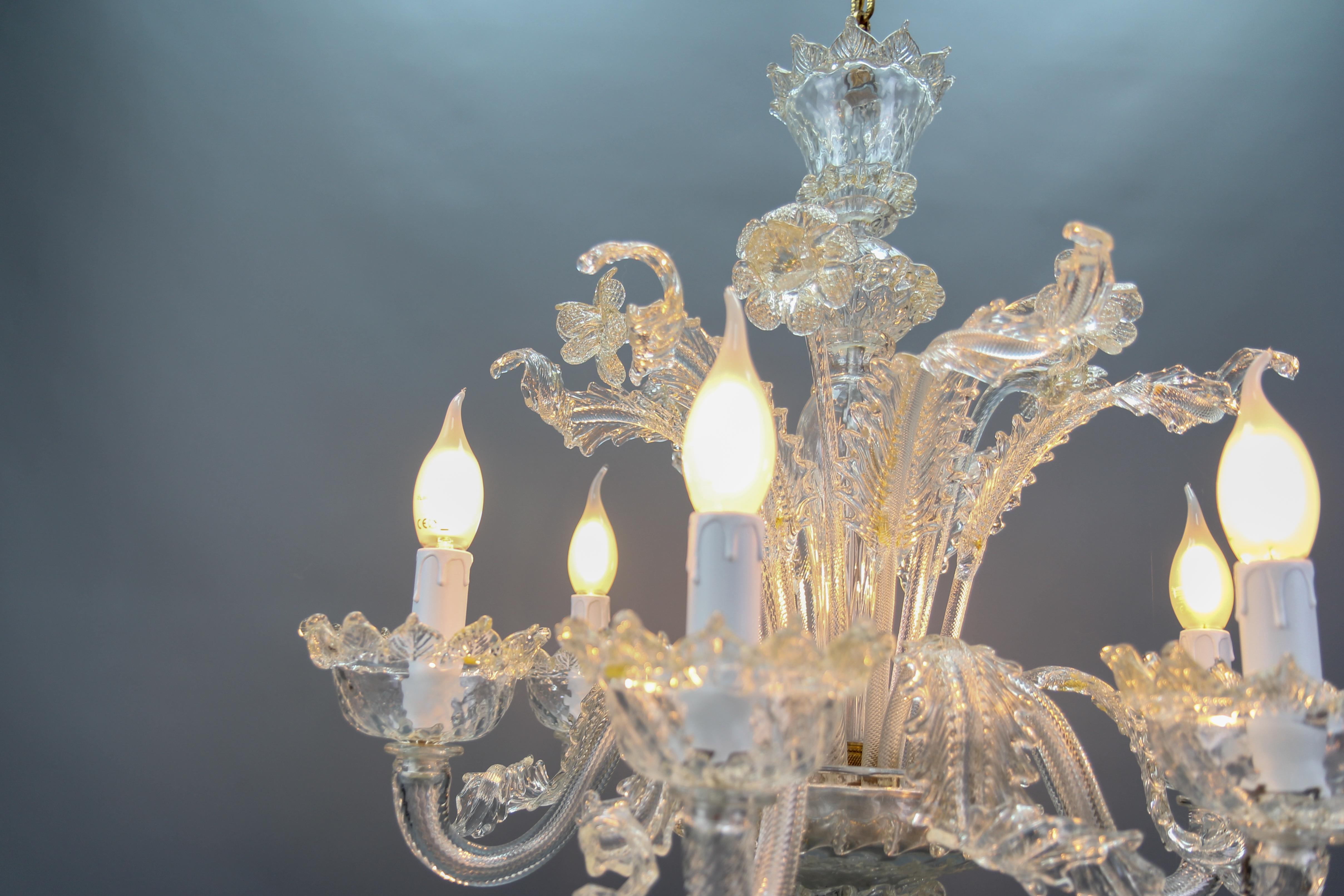 Italian Venetian Murano Clear Glass and Gold Dust Floral Six-Light Chandelier For Sale 6