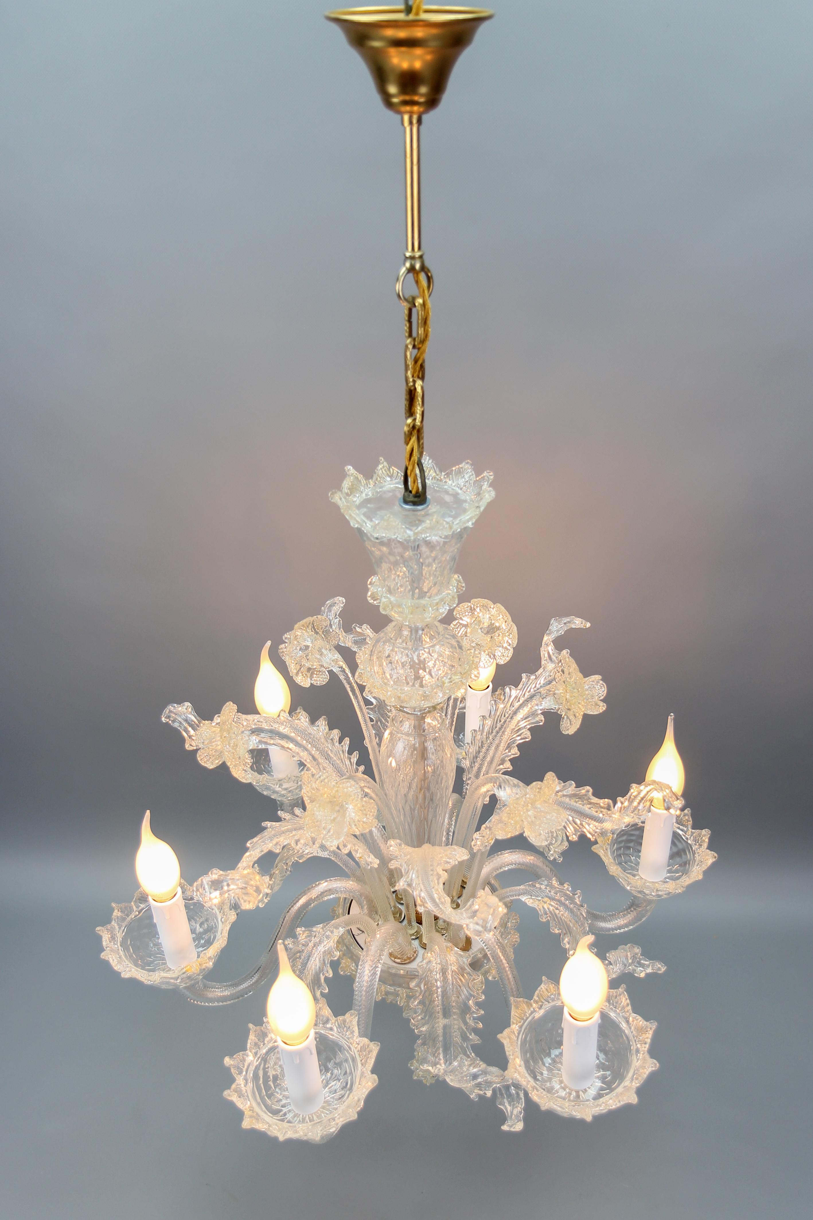 Italian Venetian Murano Clear Glass and Gold Dust Floral Six-Light Chandelier For Sale 8