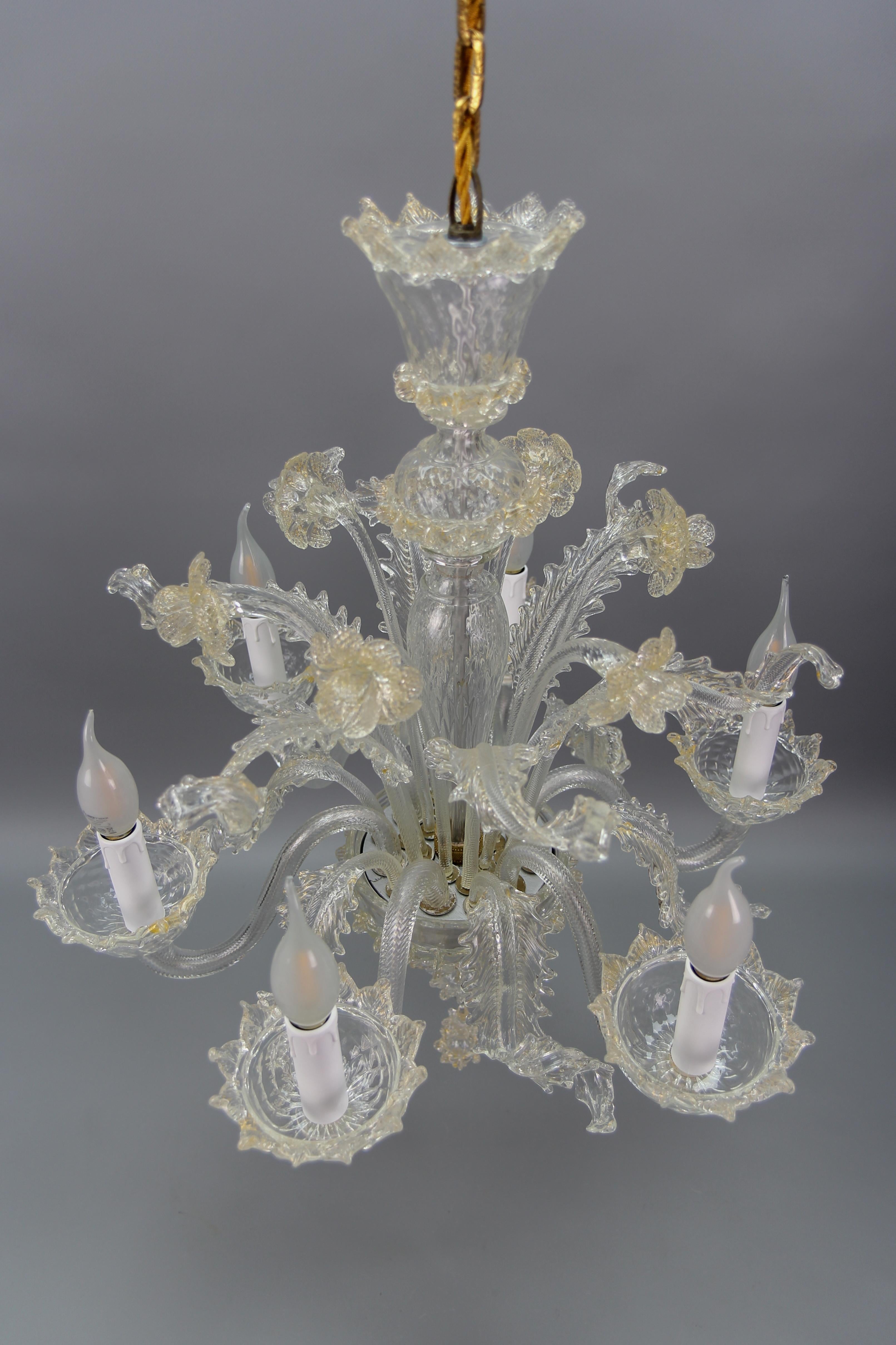 Italian Venetian Murano Clear Glass and Gold Dust Floral Six-Light Chandelier For Sale 9