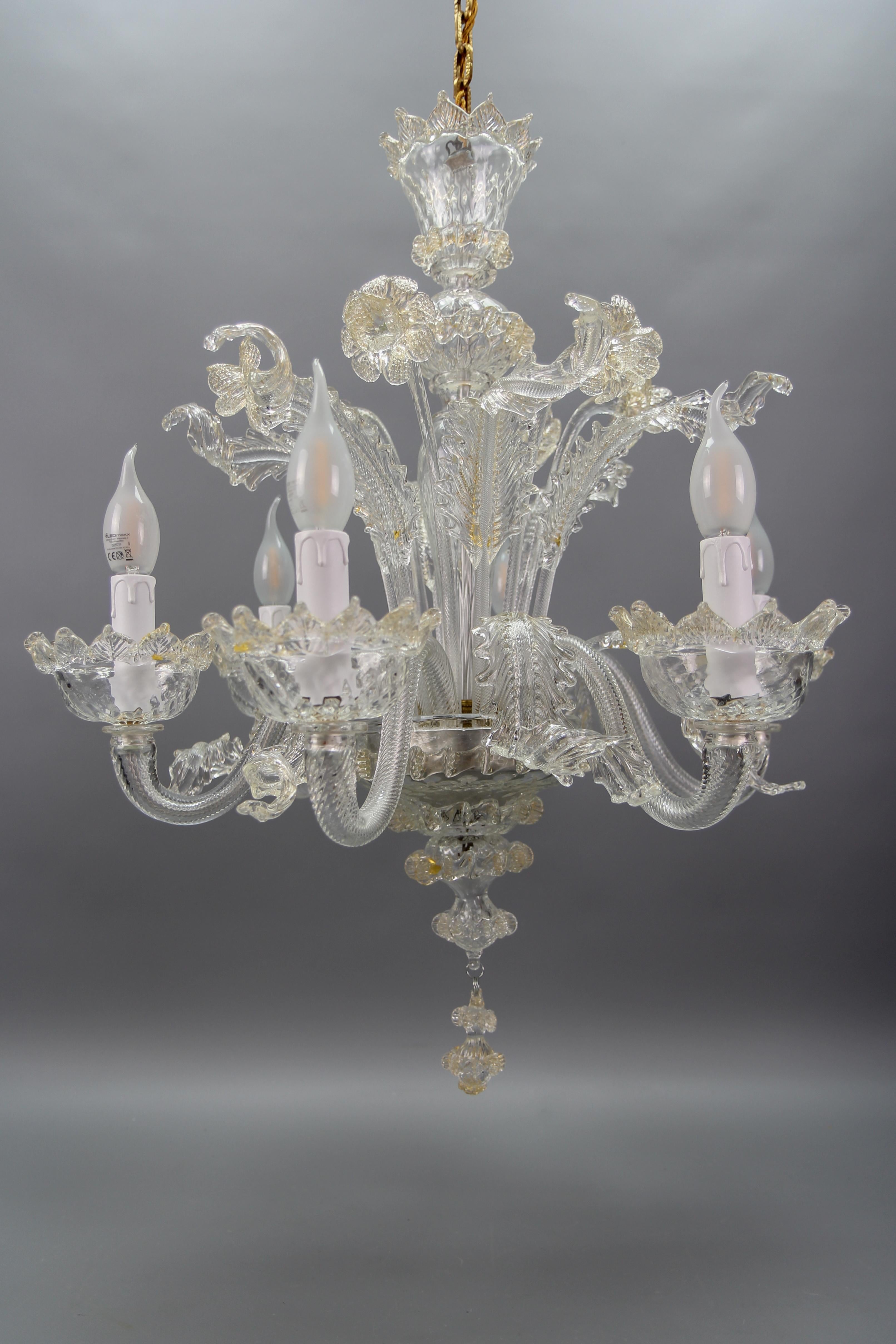Italian Venetian Murano Clear Glass and Gold Dust Floral Six-Light Chandelier For Sale 10