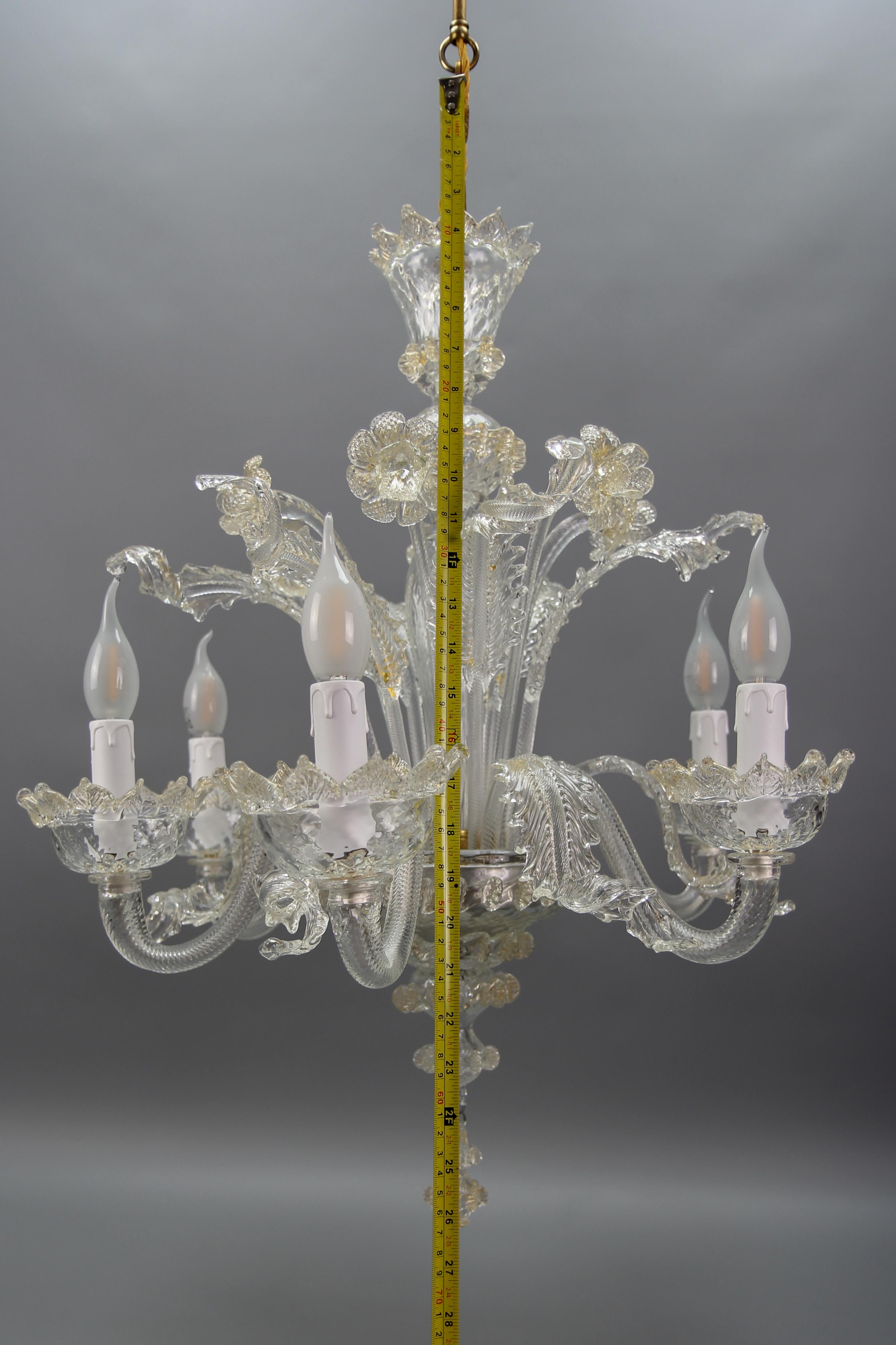 Italian Venetian Murano Clear Glass and Gold Dust Floral Six-Light Chandelier For Sale 11