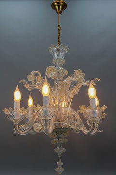 Lampadario a sei luci in vetro trasparente di Murano e polvere d'oro