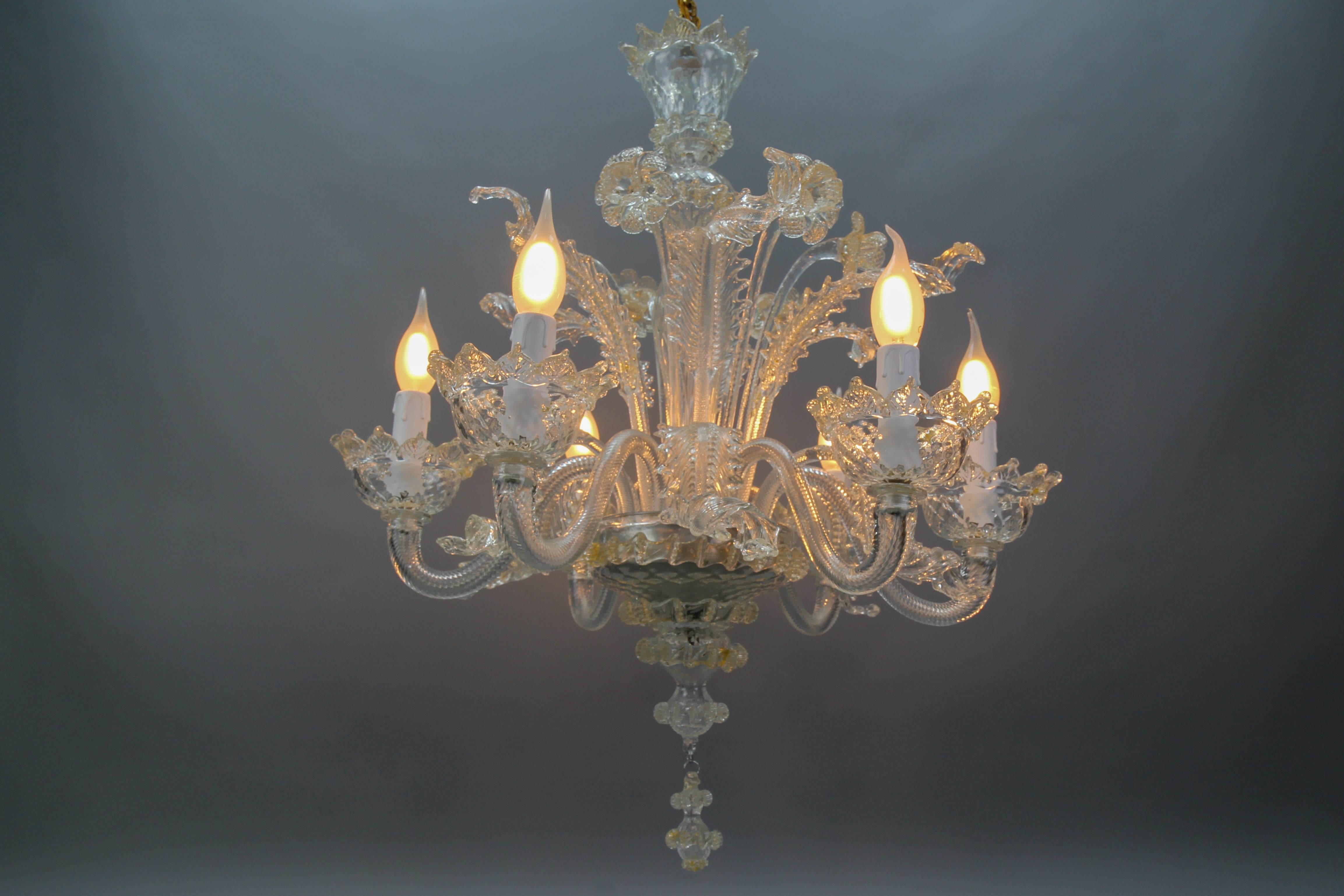 Italian Venetian Murano Clear Glass and Gold Dust Floral Six-Light Chandelier For Sale 14