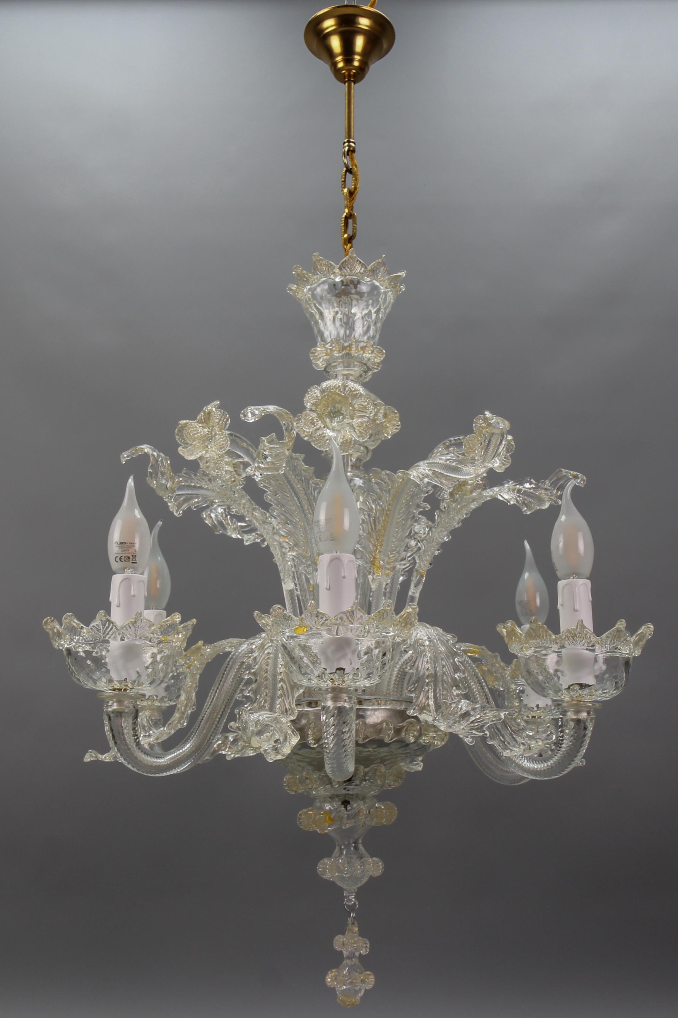 Baroque Italian Venetian Murano Clear Glass and Gold Dust Floral Six-Light Chandelier For Sale