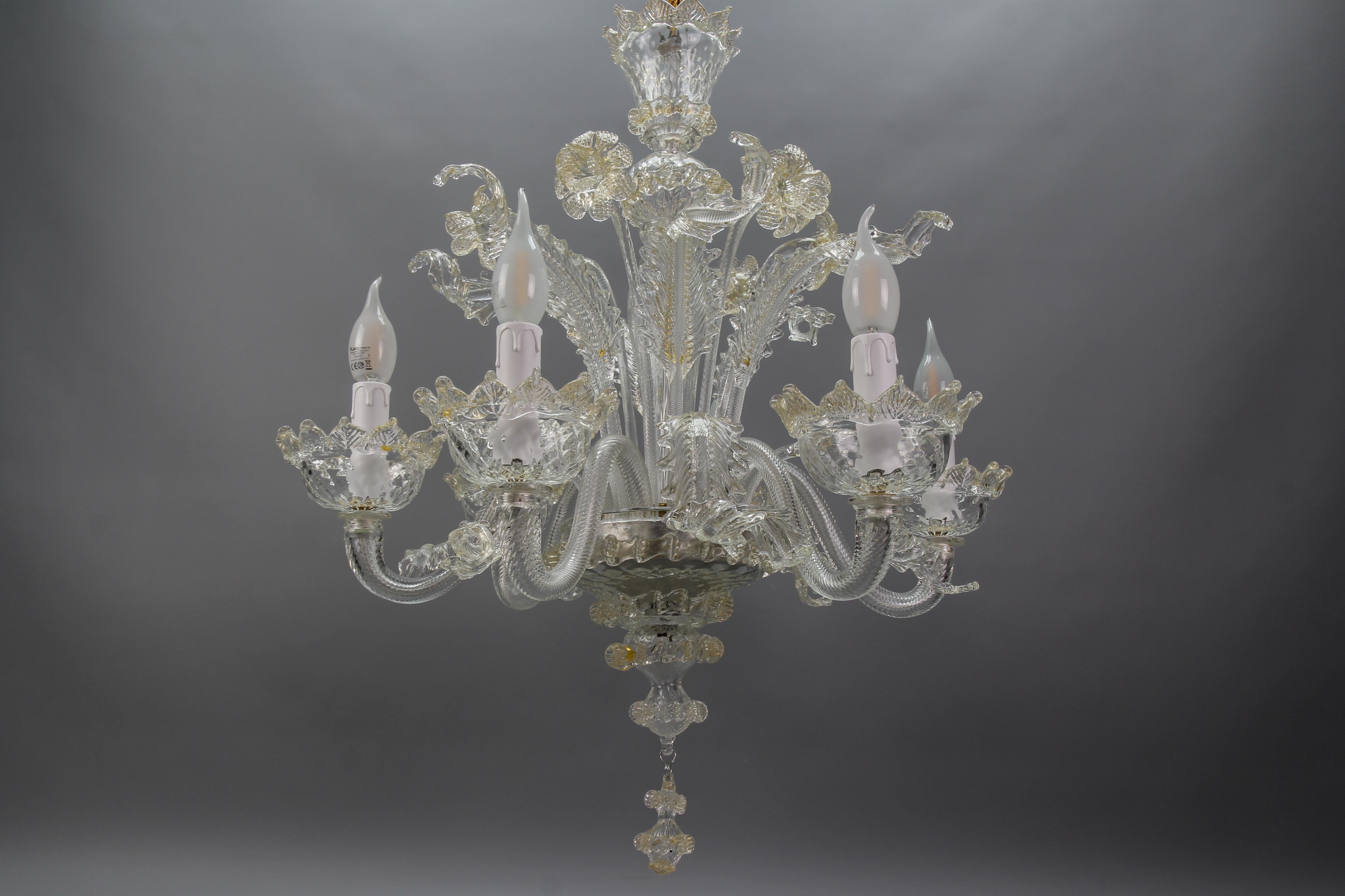 Italian Venetian Murano Clear Glass and Gold Dust Floral Six-Light Chandelier For Sale 2