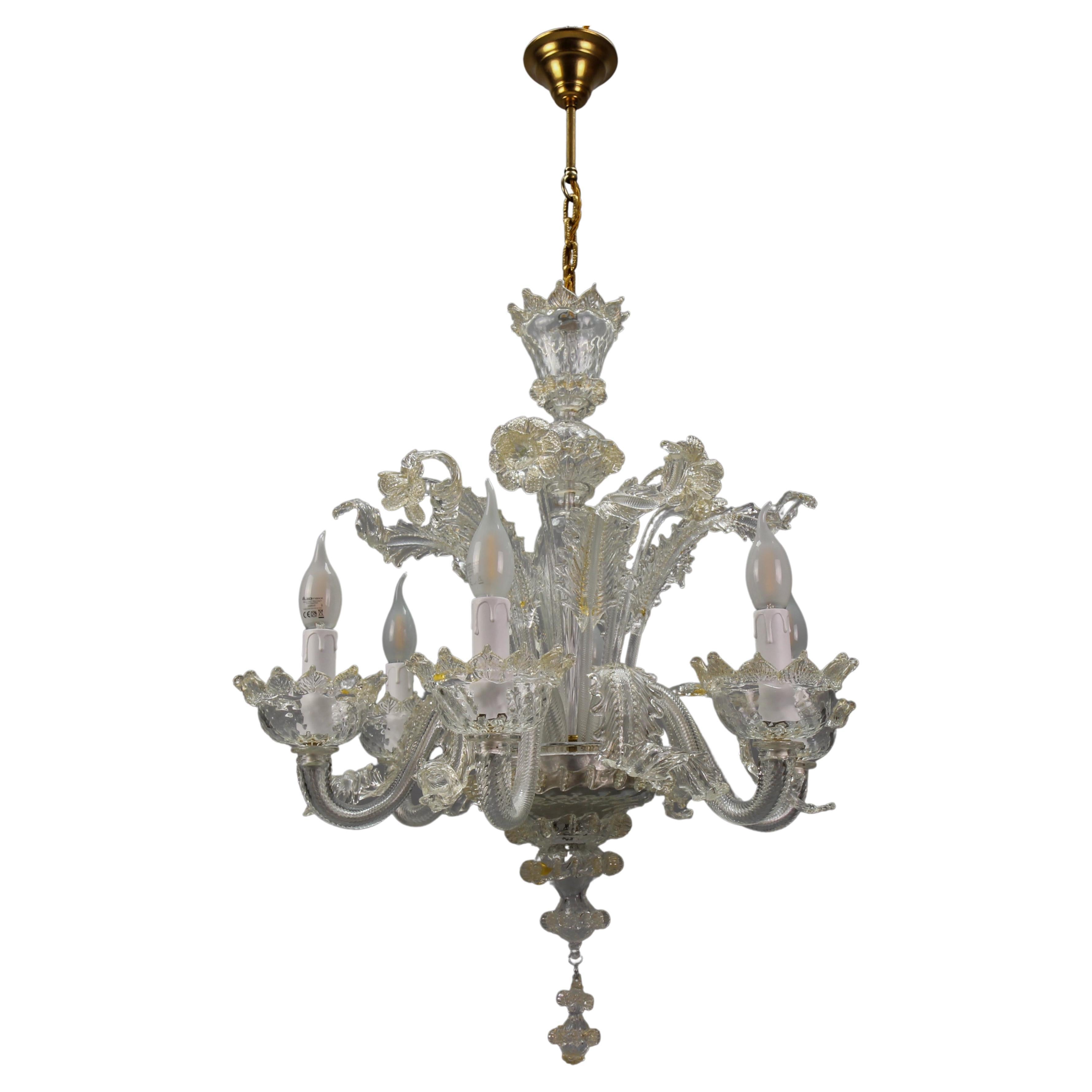 Italian Venetian Murano Clear Glass and Gold Dust Floral Six-Light Chandelier For Sale