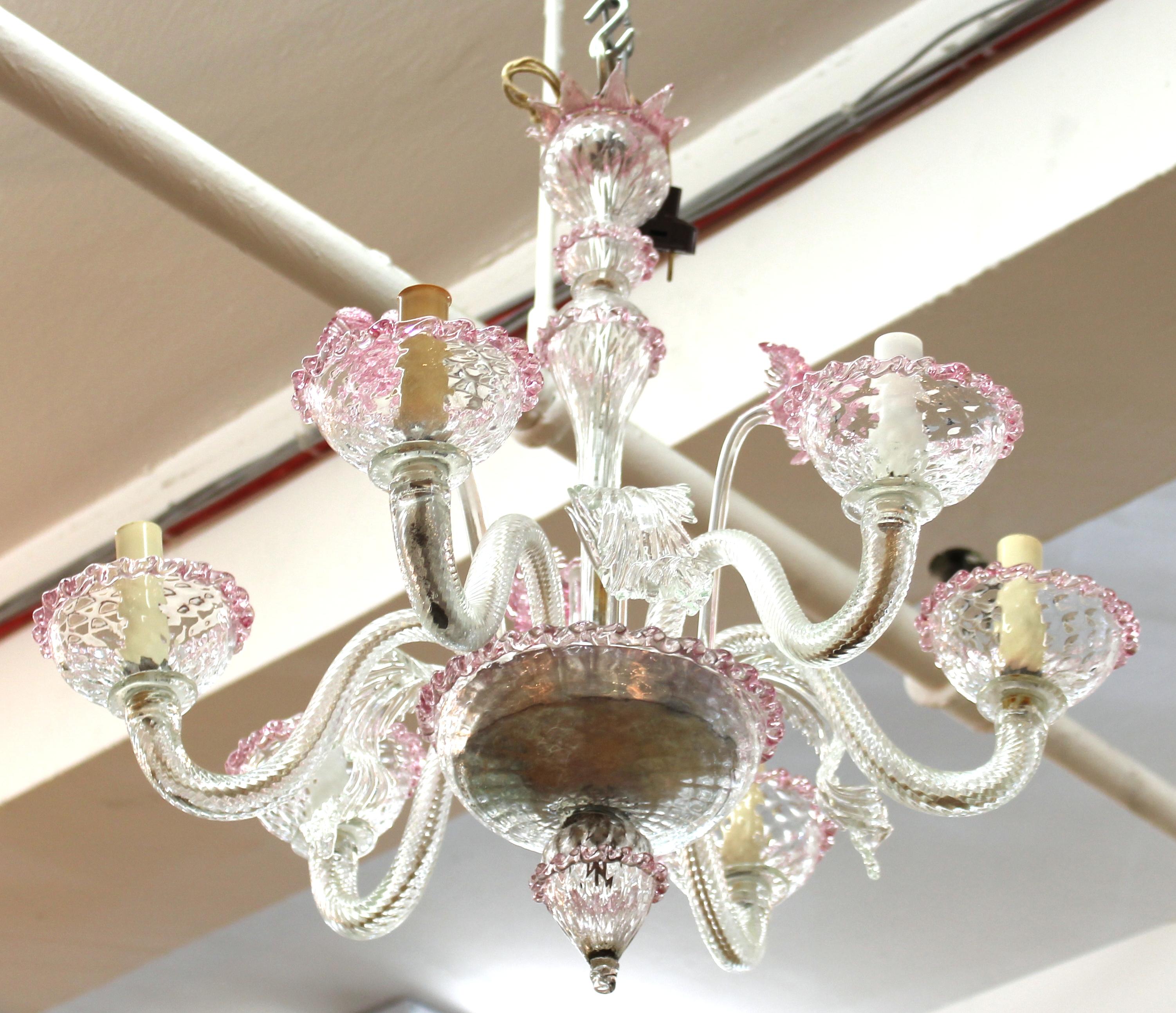 Italian Venetian Murano glass diminutive chandelier with floral glass elements and pink hued glass flowers.