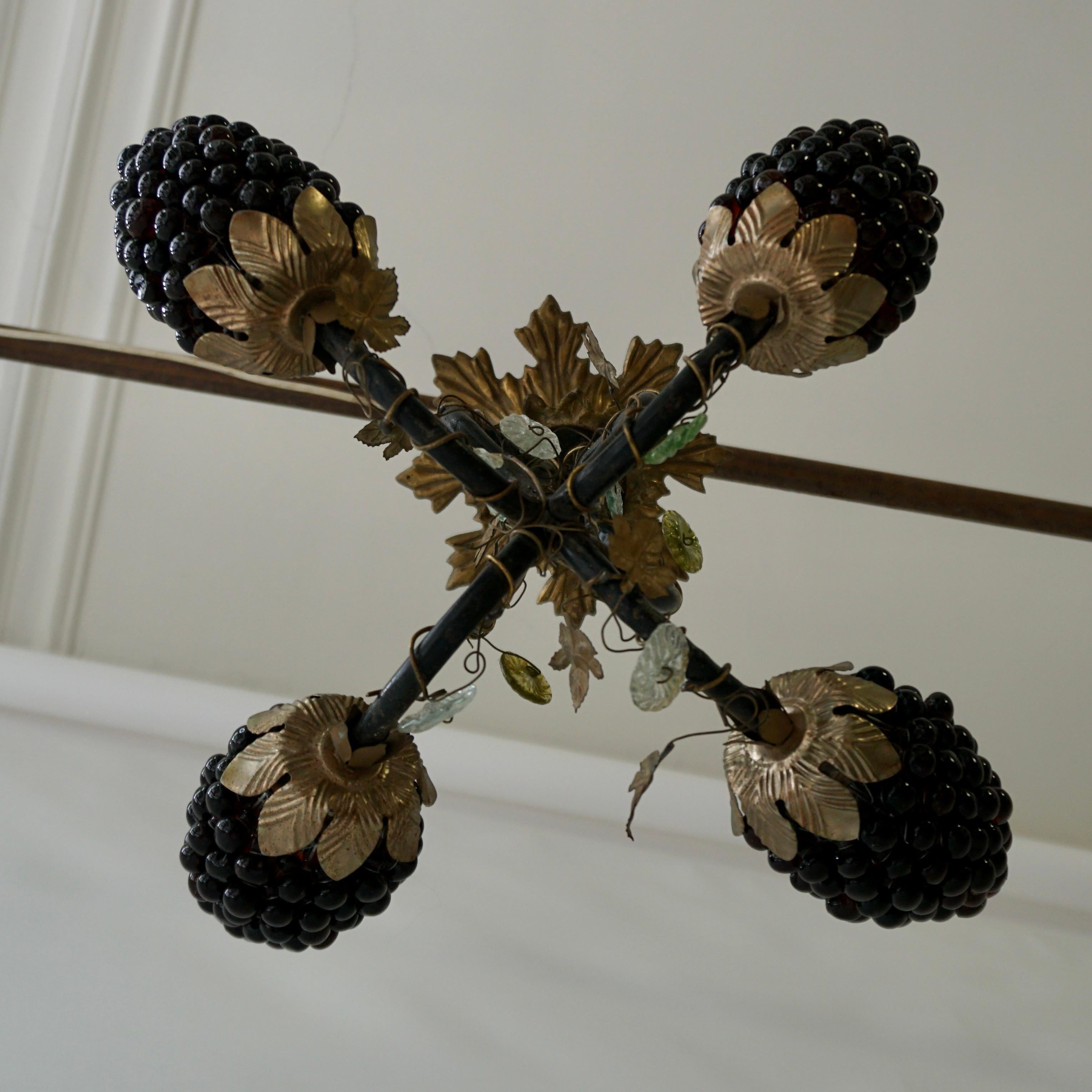 Metal Italian Venetian Murano Glass Grape and Flower Chandelier For Sale