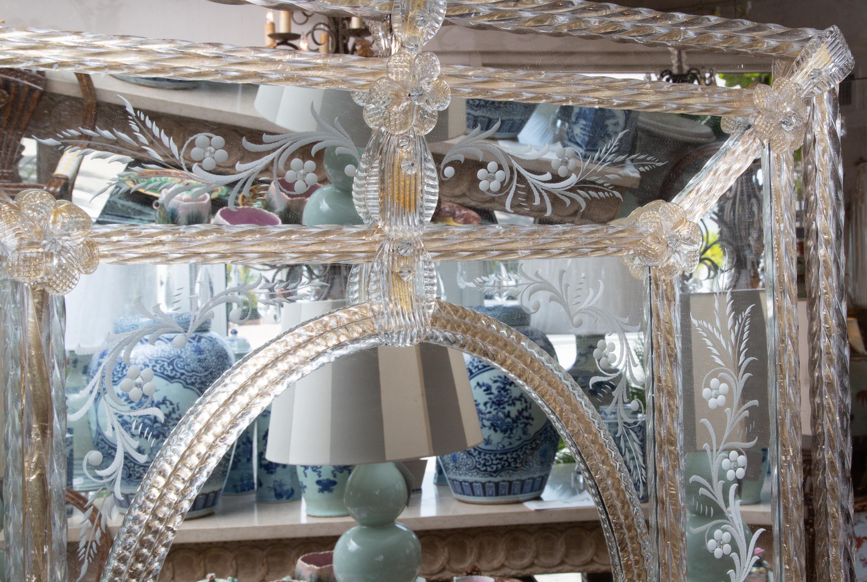 Etched Italian Venetian Murano Glass Mirror