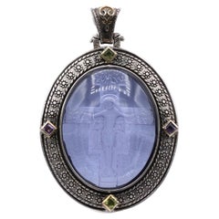 Italian Venetian Murano Glass Pendant Cameo of Crucified Cross in Silver