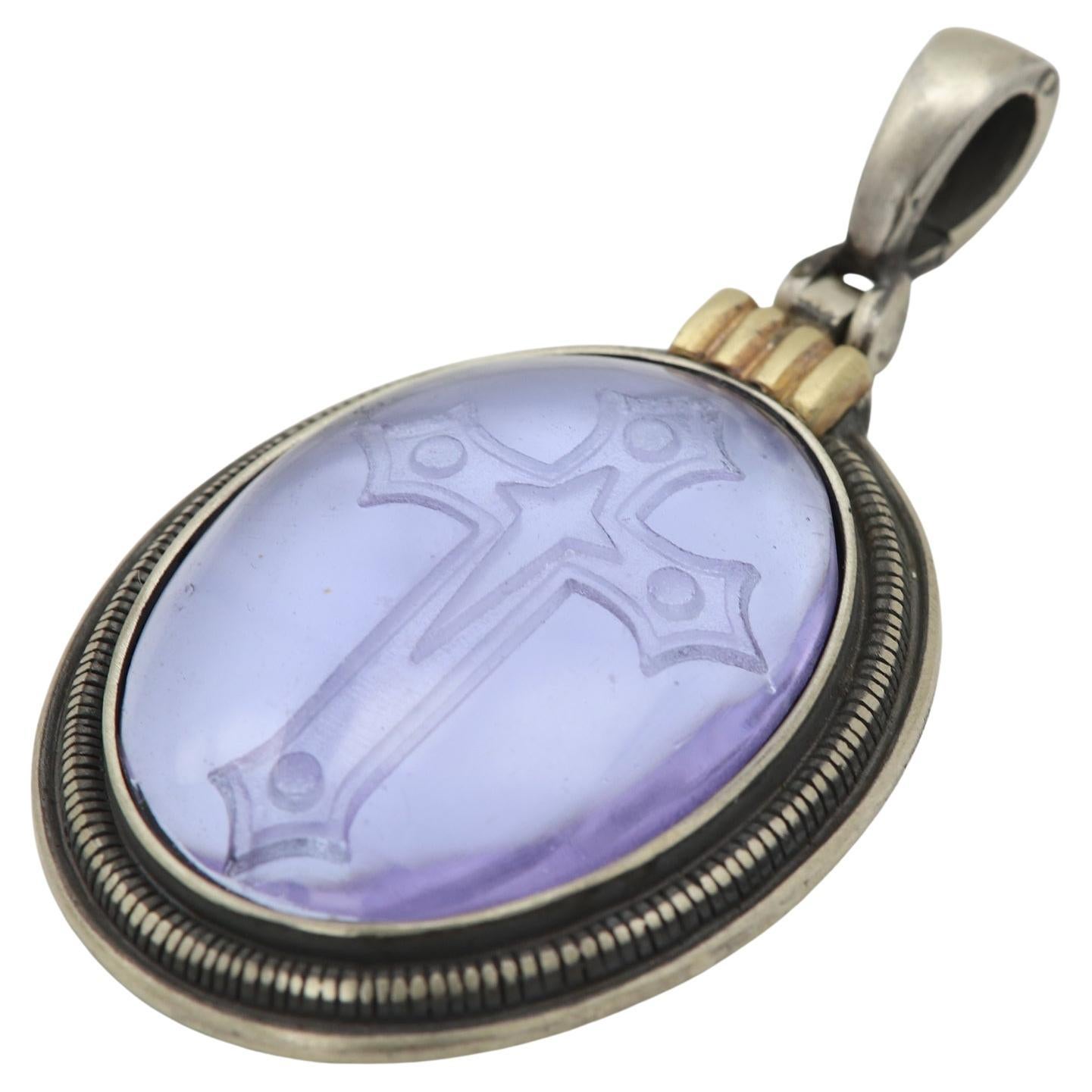 Italian Venetian Murano Glass Pendant Cameo of Crucified Cross in Silver