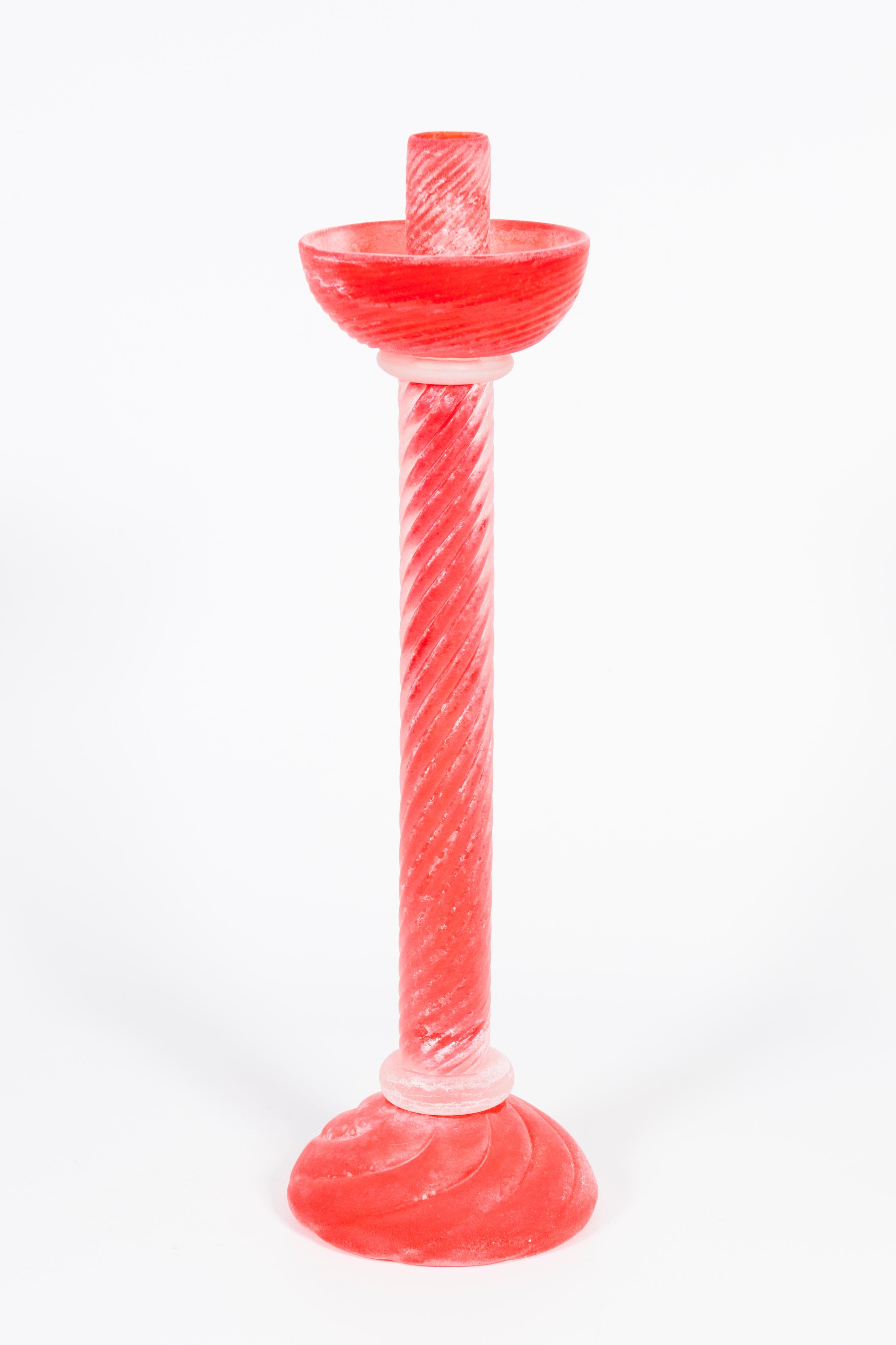 Italian Venetian Murano Glass Scavo Candlestick 1980s Signed Cenedese.
This amazing candle holder was made by Cenedese, one of the most appreciated glass artists from the Venetian island of Murano. It bears its distinguished signature at the