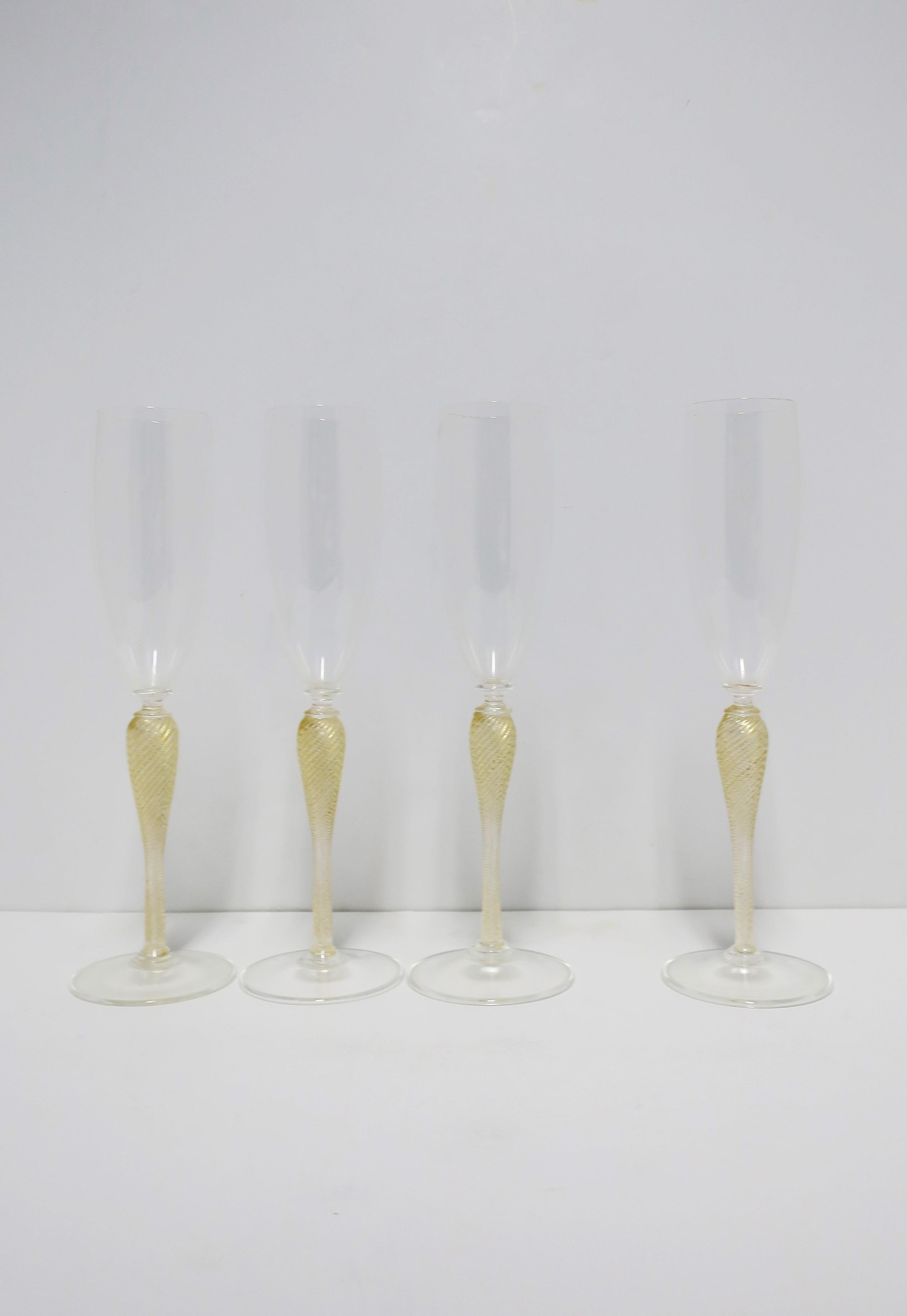 Hand-Crafted Italian Venetian Murano Gold Champagne Flute Glasses, Set of 4