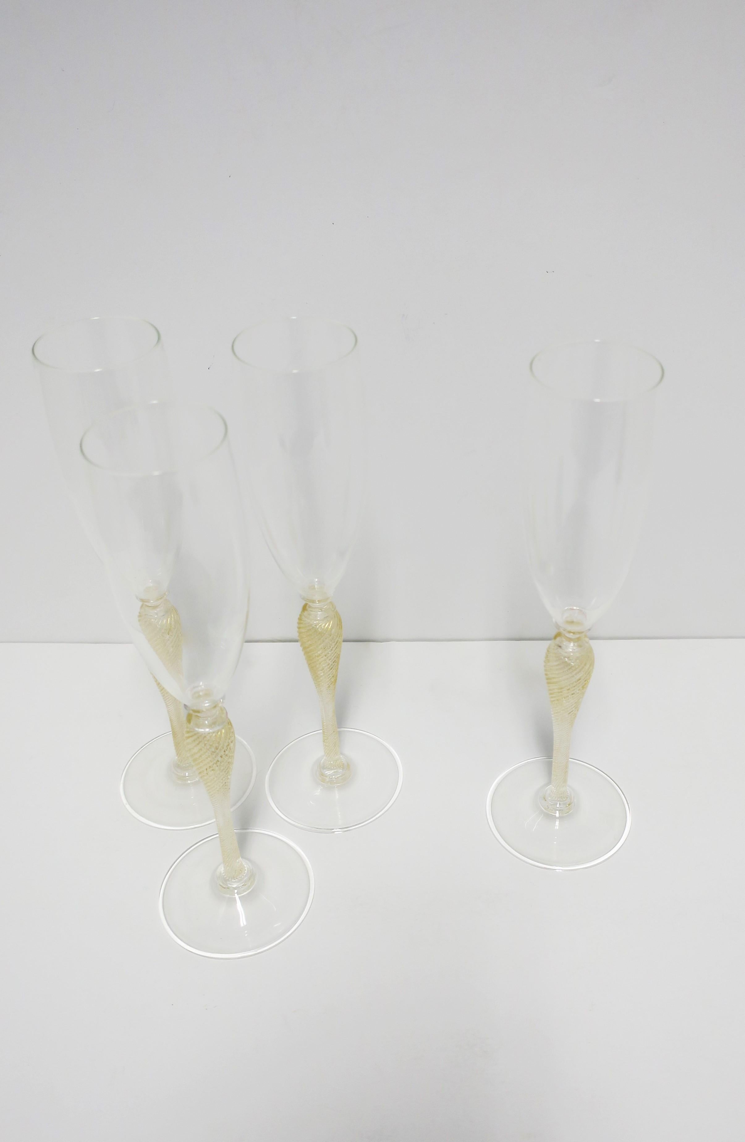 20th Century Italian Venetian Murano Gold Champagne Flute Glasses, Set of 4
