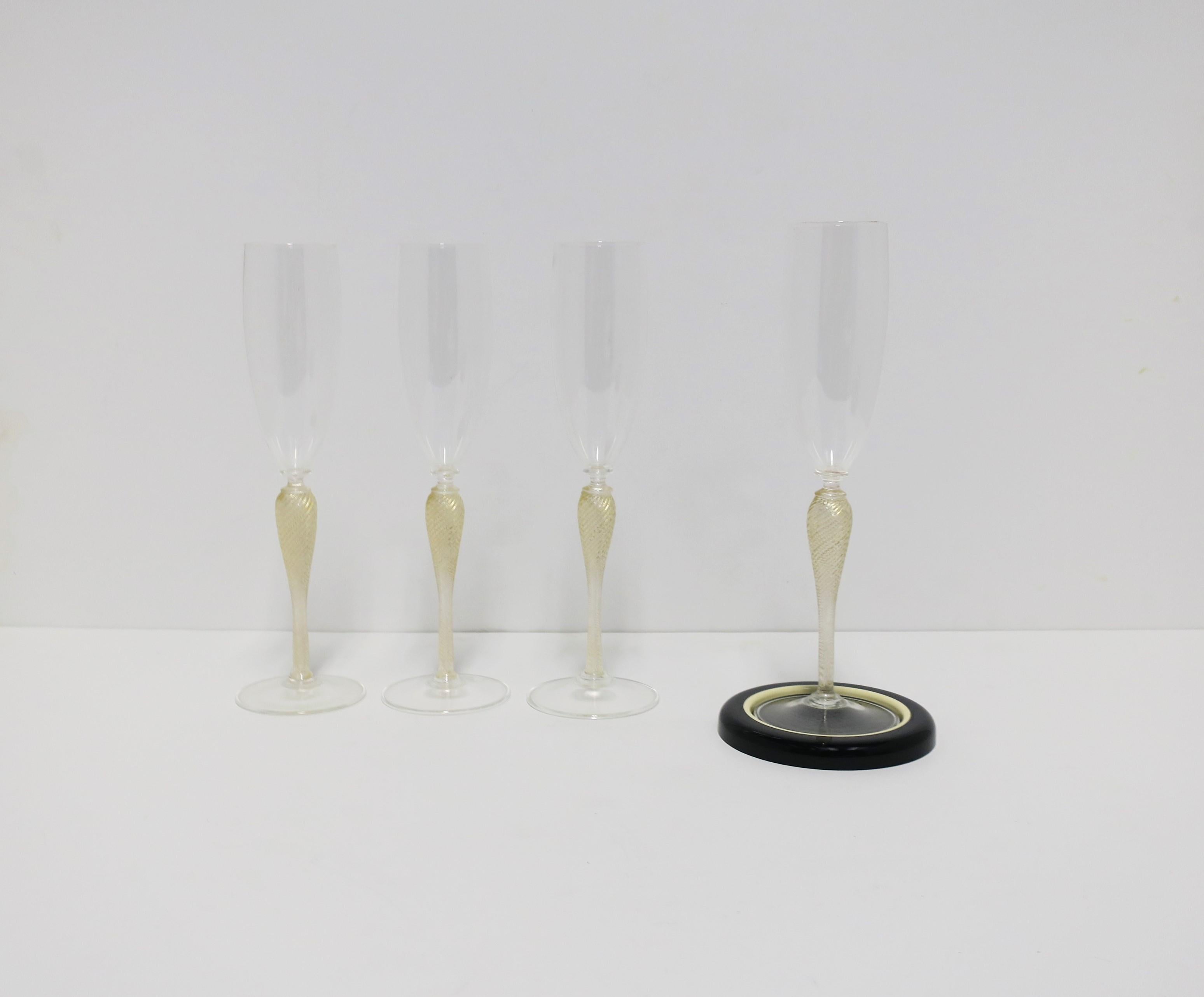 Art Glass Italian Venetian Murano Gold Champagne Flute Glasses, Set of 4