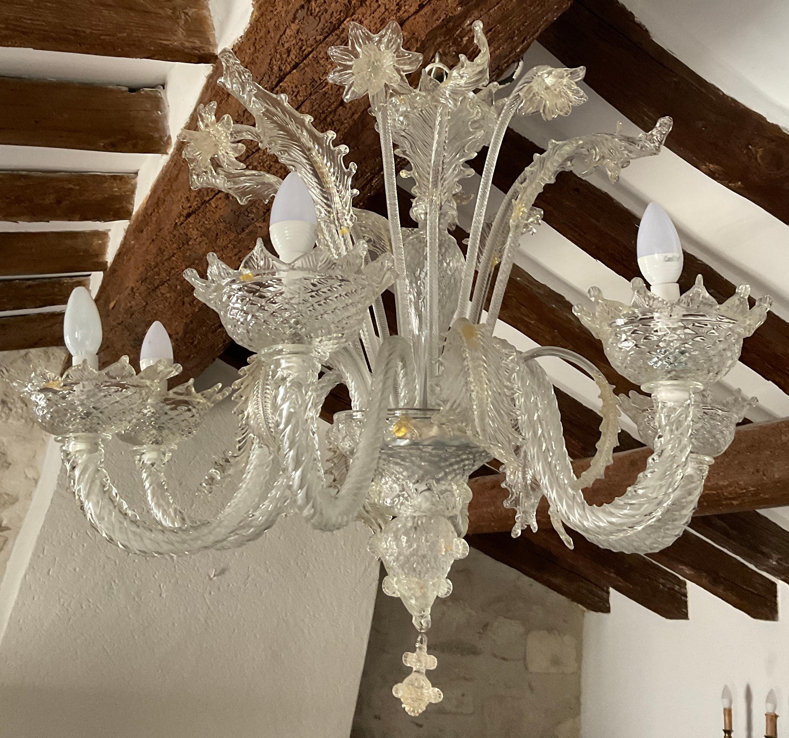 Large antique Italian Venetian Murano glass 6 scroll & swirl design arm chandelier with applied trim. Separate flower motifs and leaves. Gold dust inclusions. Similar to chandeliers designed by Fabiano Zanchi. 

Approximate Dimensions: 
Height: 36