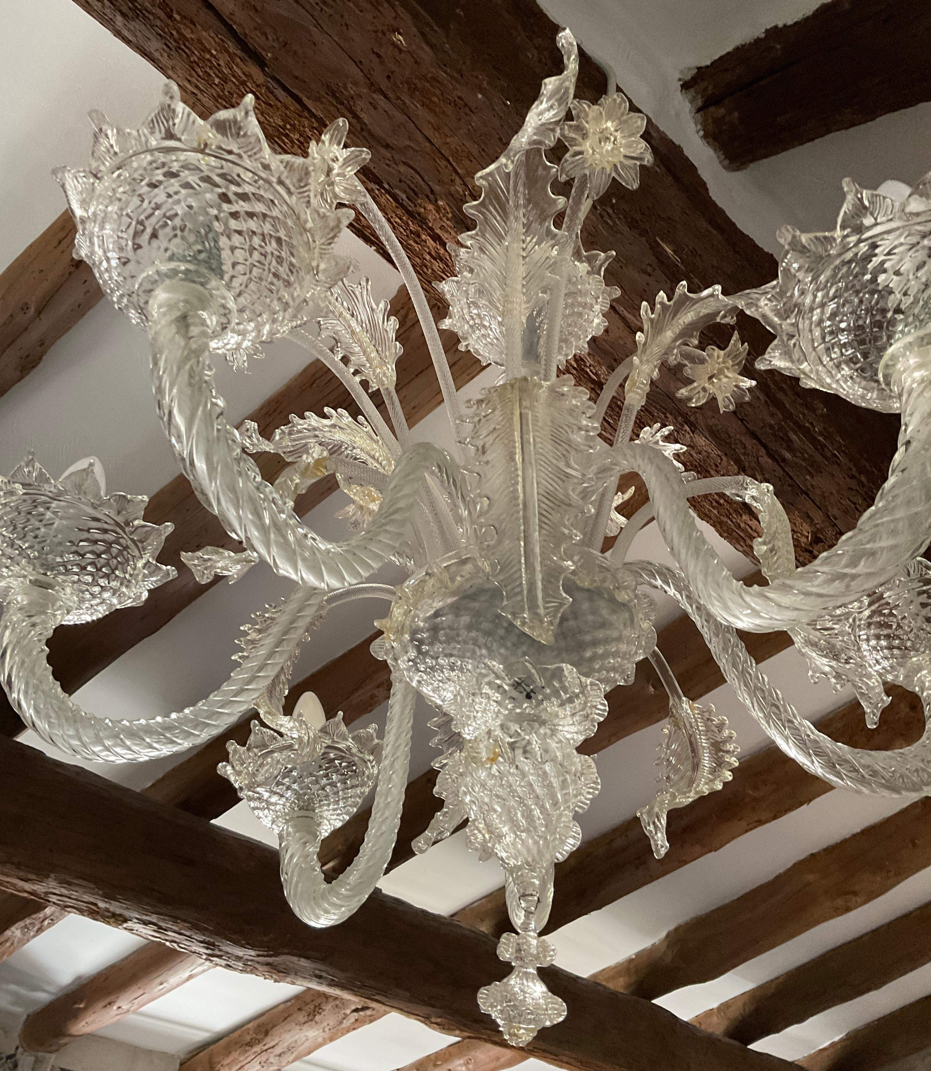 Italian Venetian Murano Gold Dusted 6 Arm Chandelier In Good Condition For Sale In Miami, FL