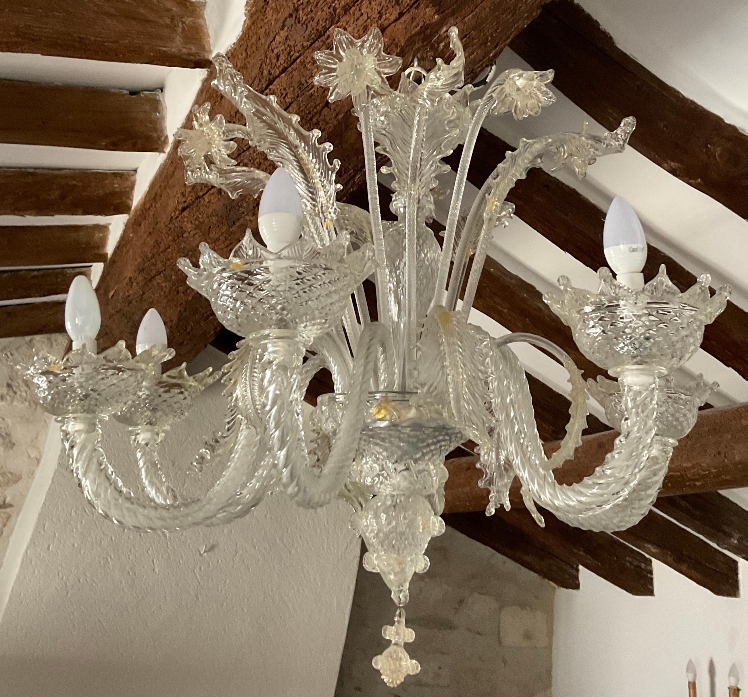 20th Century Italian Venetian Murano Gold Dusted 6 Arm Chandelier For Sale