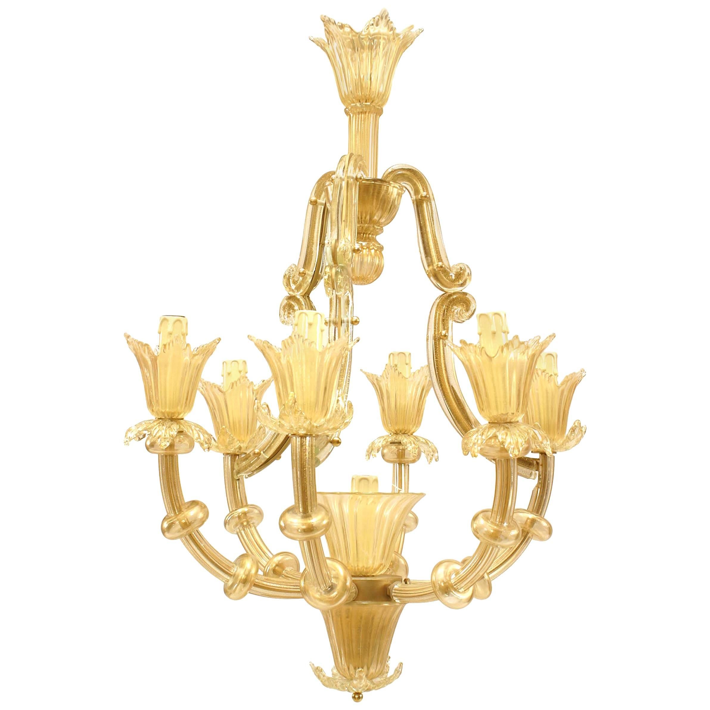 Italain Venetian Murano Gold Dusted Bamboo Glass Chandelier For Sale
