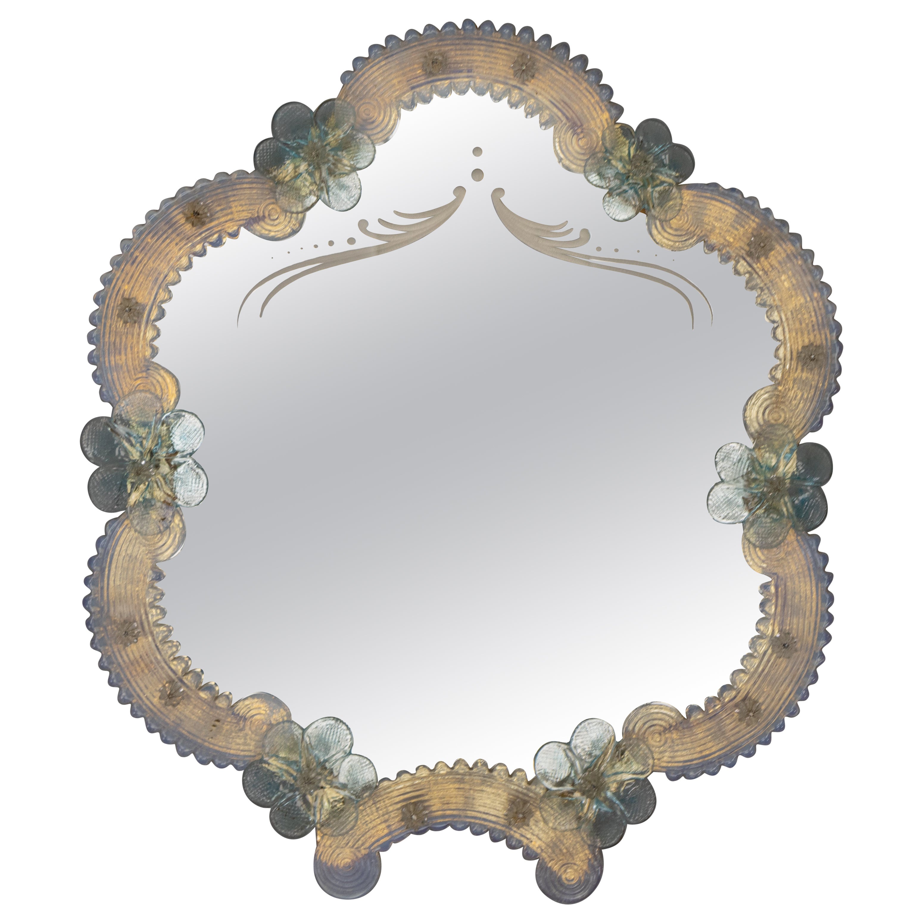 Miroir mural italien vénitien en verre opalescent et bleu Light Murano, années 1950