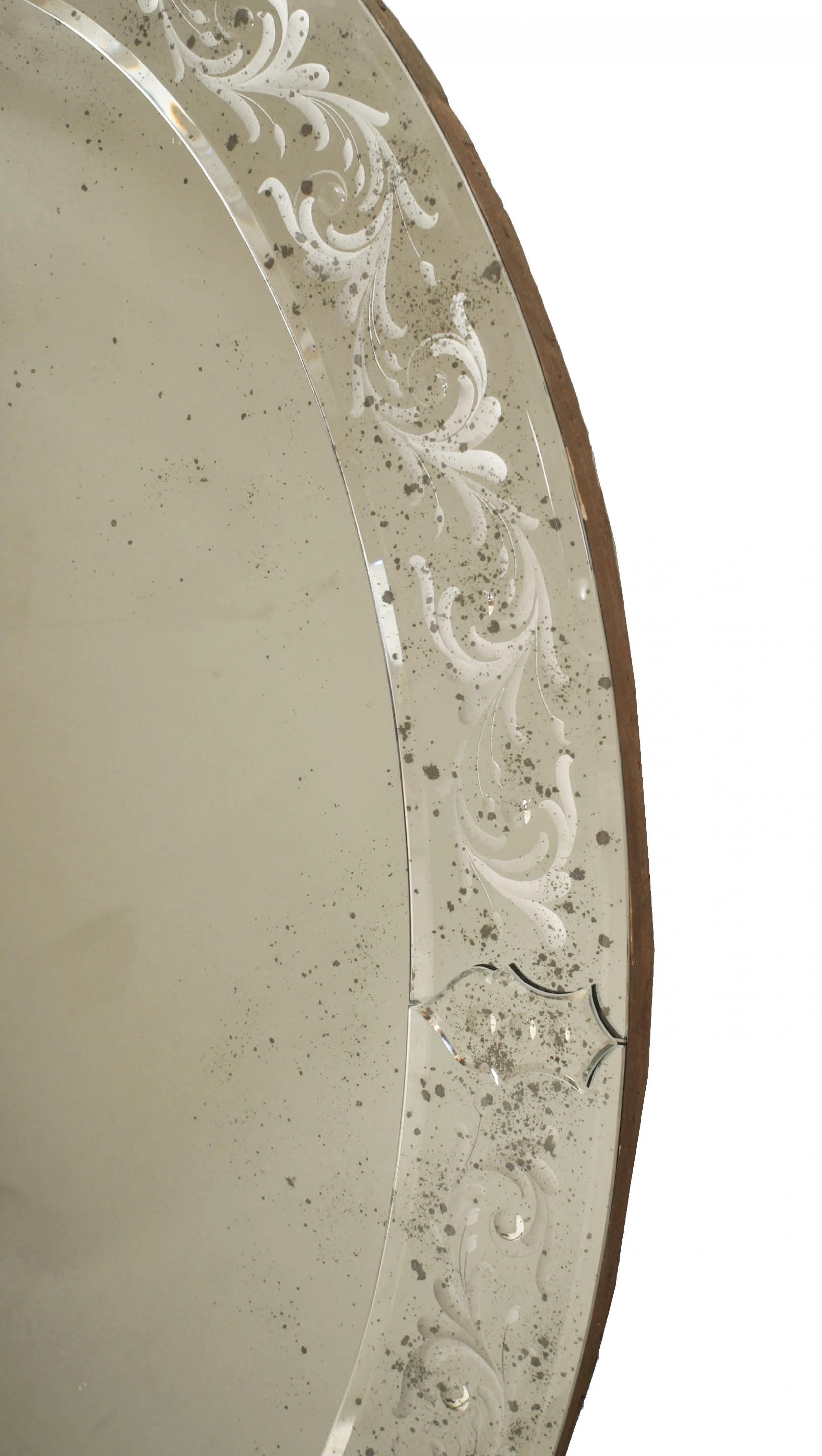 4 Italian Venetian Murano oval wall mirrors with and etched floral and scroll design glass frame with four small applied glass panels around the border. (PRICED EACH)