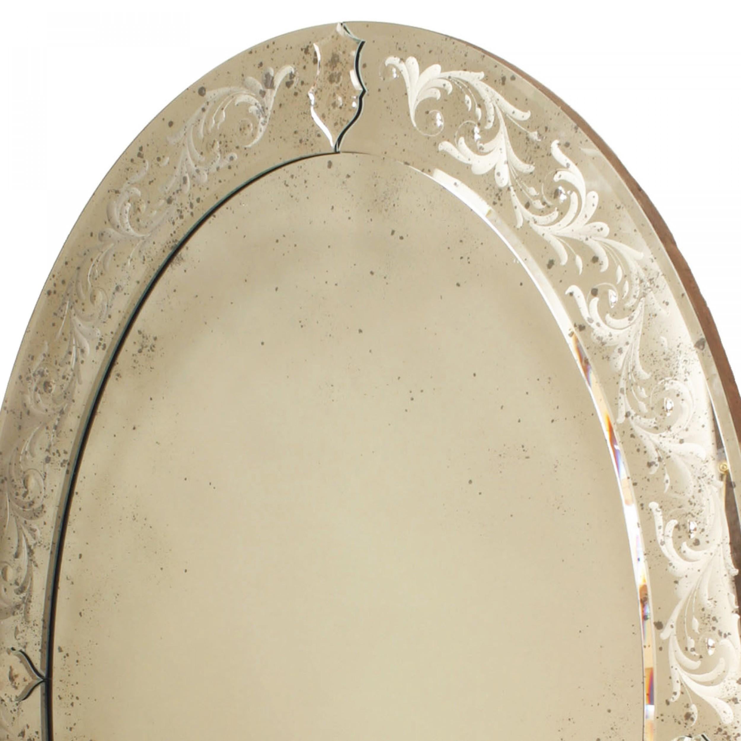 Baroque Italian Venetian Murano Oval Etched Floral Design Wall Mirrors For Sale