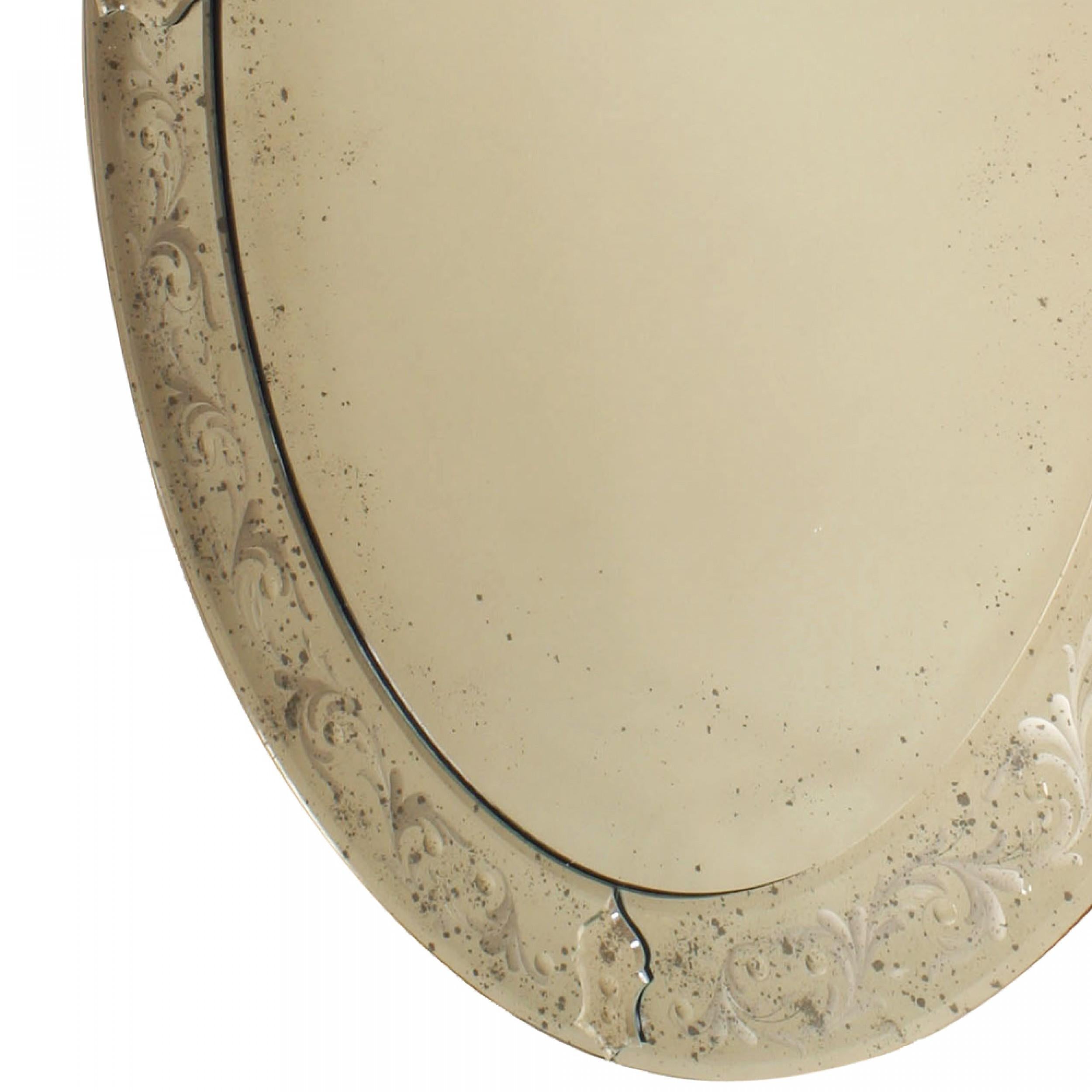 20th Century Italian Venetian Murano Oval Etched Floral Design Wall Mirrors For Sale