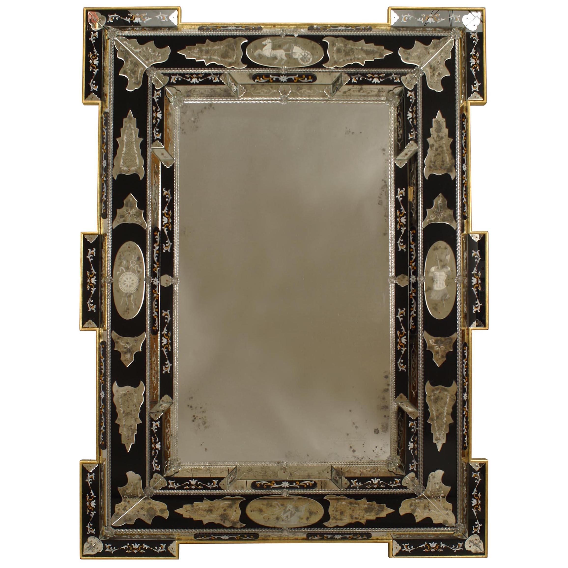 Specchio da parete in vetro blu inciso veneziano italiano neoclassico