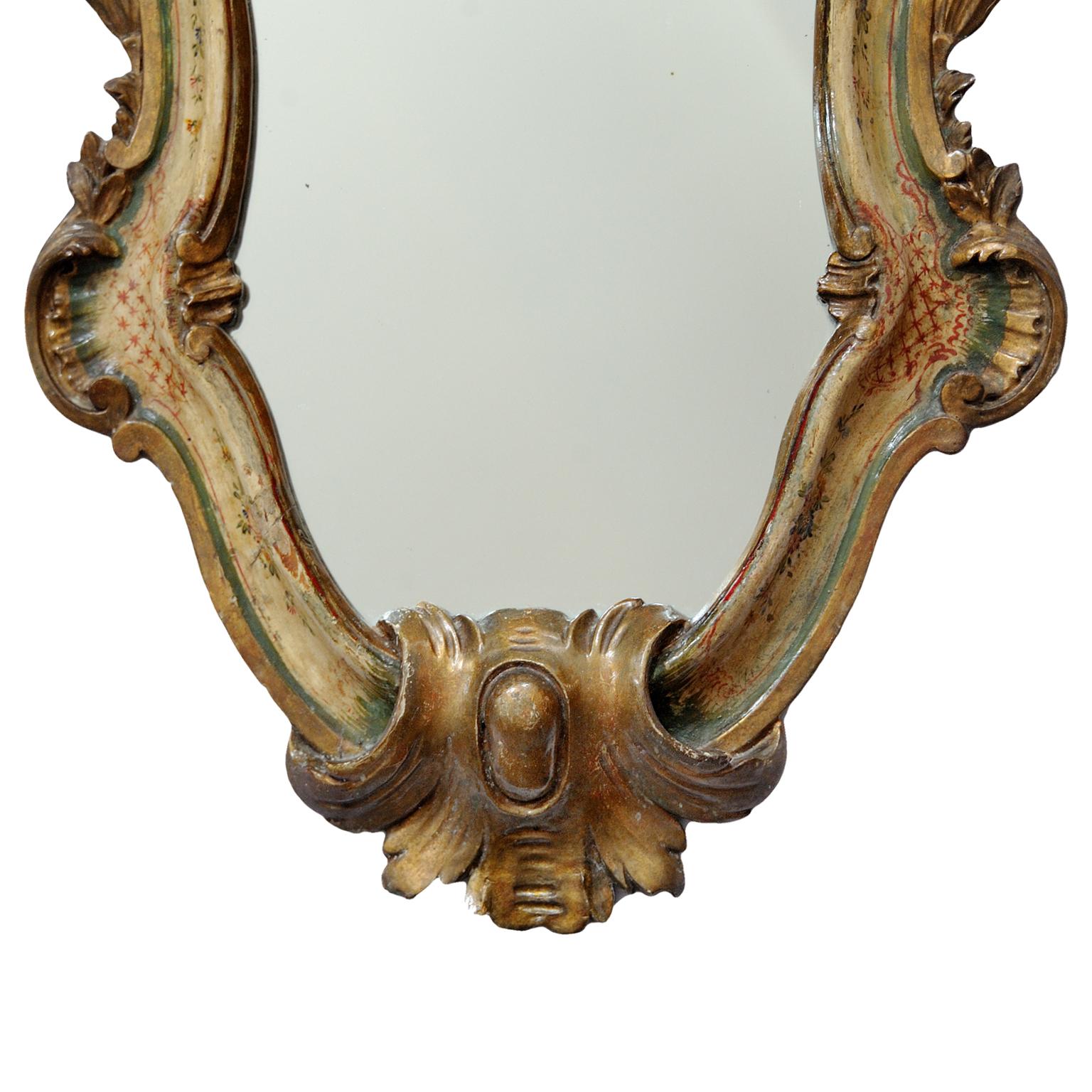 Hand-Carved Italian Venetian Painted and Carved Giltwood Mirror, circa 1850 For Sale