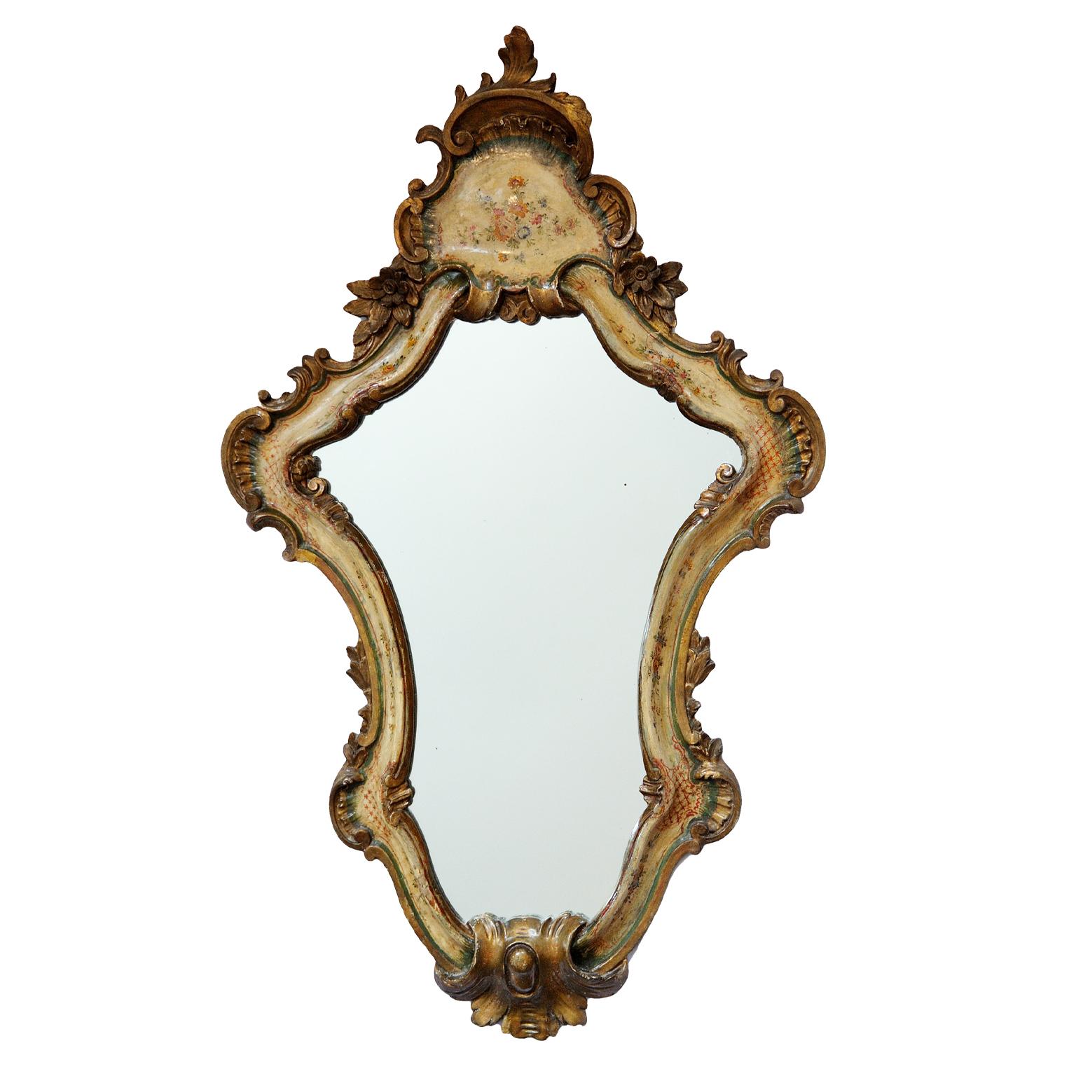 Italian Venetian Painted and Carved Giltwood Mirror, circa 1850 For Sale